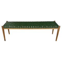 Teak Wood Framed Bench, with Woven Leather Seat