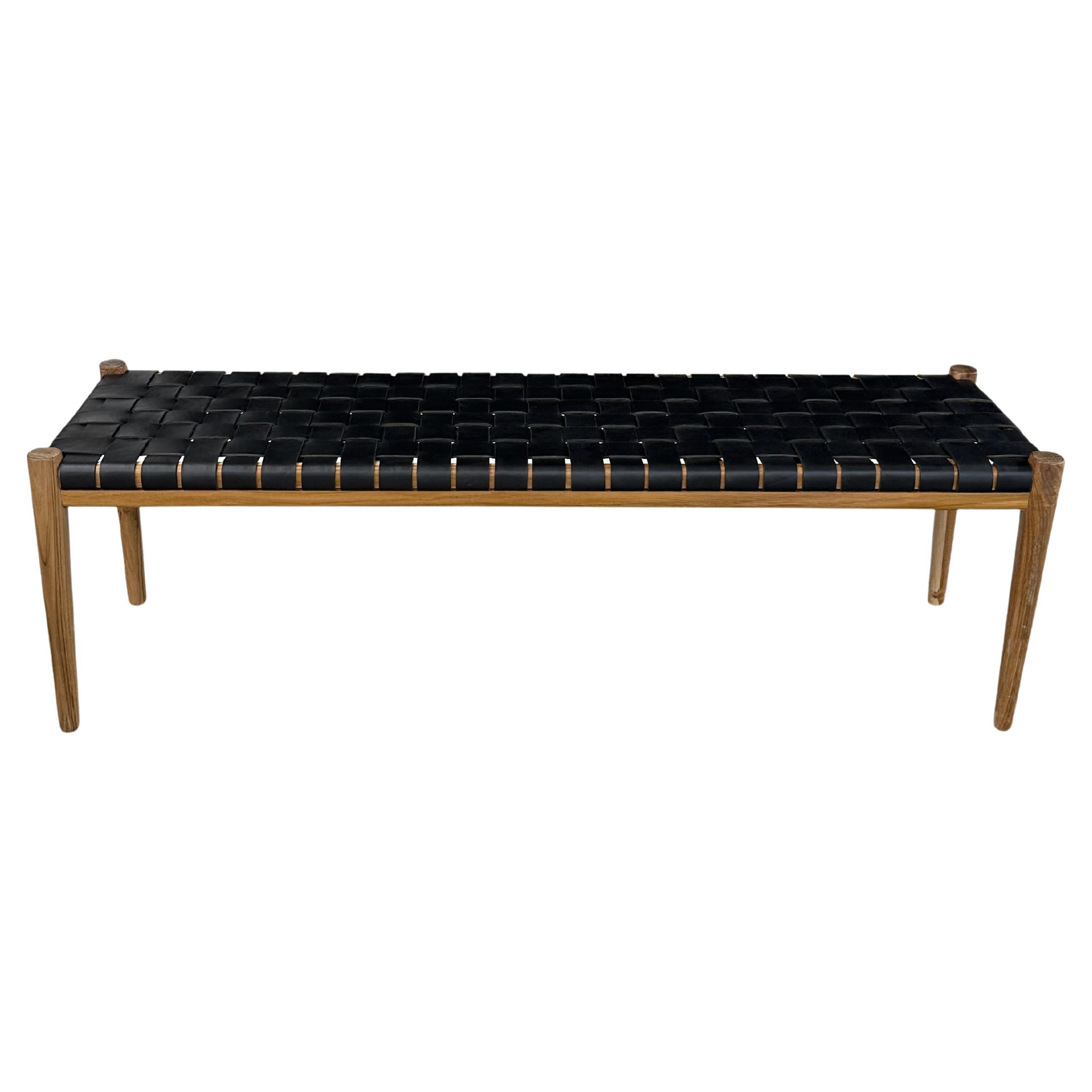 Teak Wood Framed Bench, with Woven Leather Seat