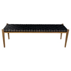 Teak Wood Framed Bench, with Woven Leather Seat