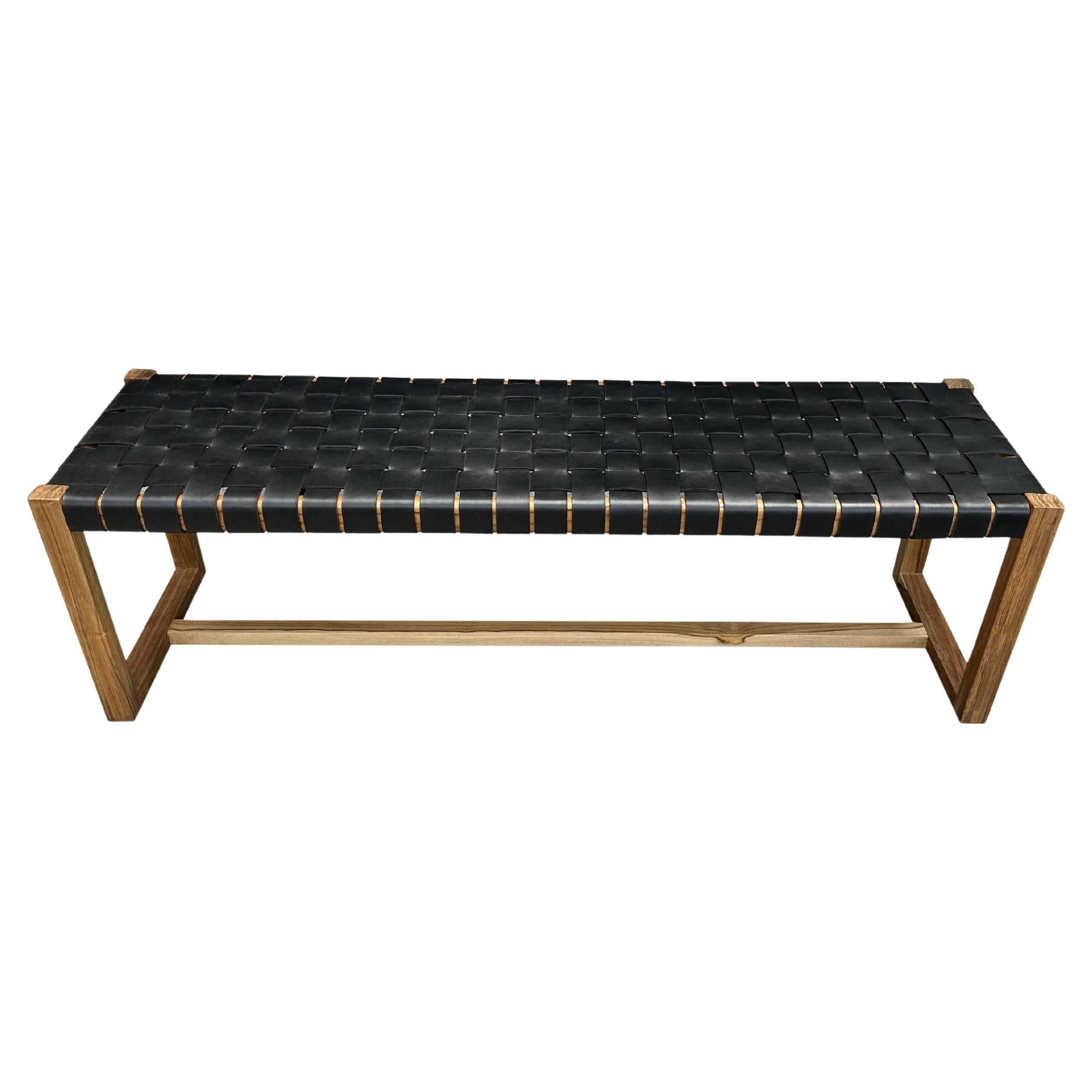 Teak Wood Framed Bench, with Woven Leather Seat