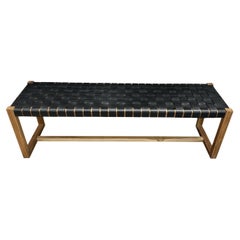 Teak Wood Framed Bench, with Woven Leather Seat
