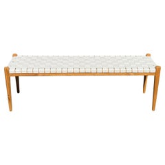 Teak Wood Framed Bench, with Woven Leather Seat