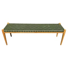 Teak Wood Framed Bench, with Woven Leather Seat