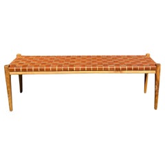 Teak Wood Framed Bench, with Woven Leather Seat
