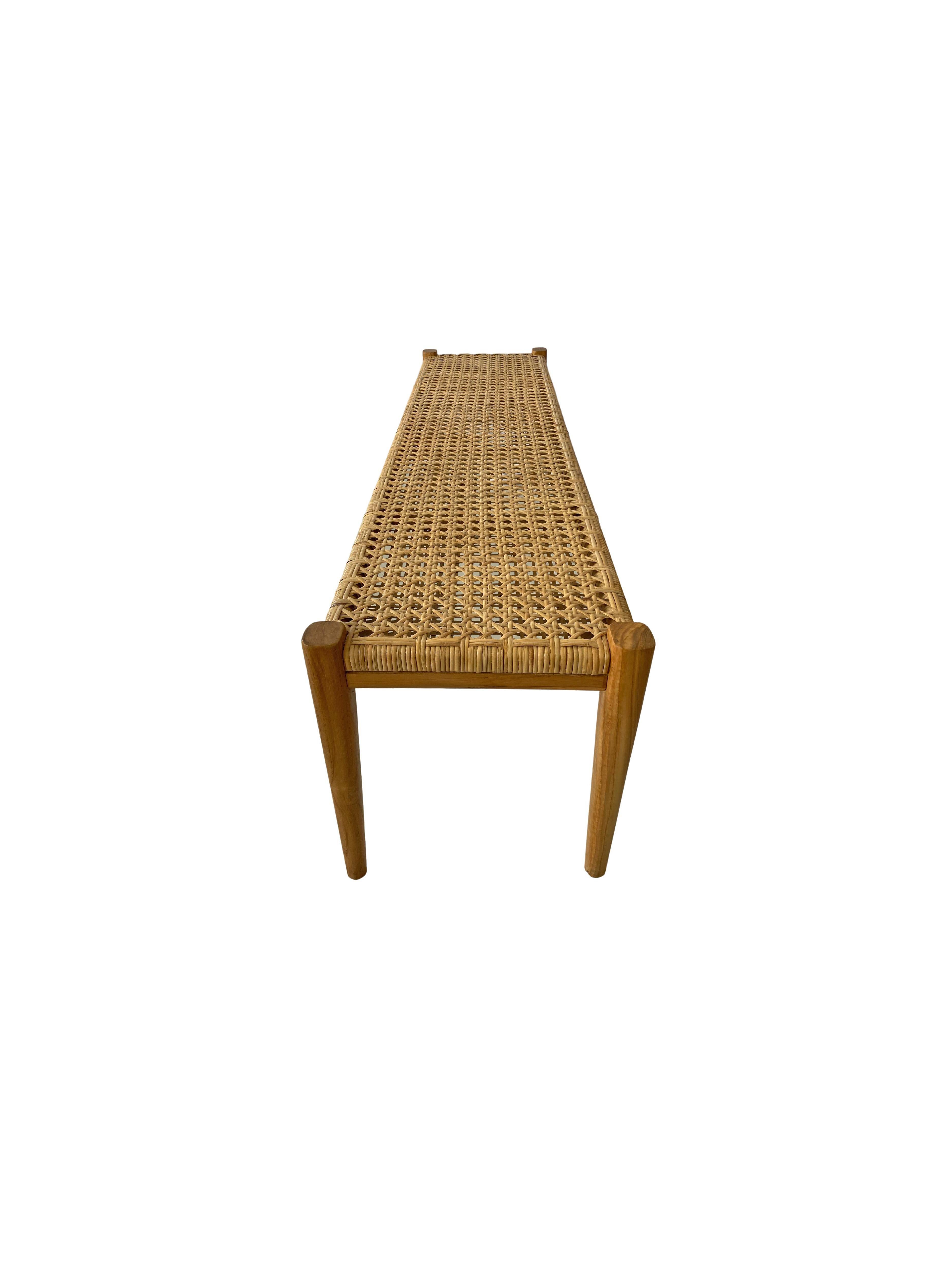 Modern Teak Wood Framed Bench, with Woven Rattan Seat For Sale