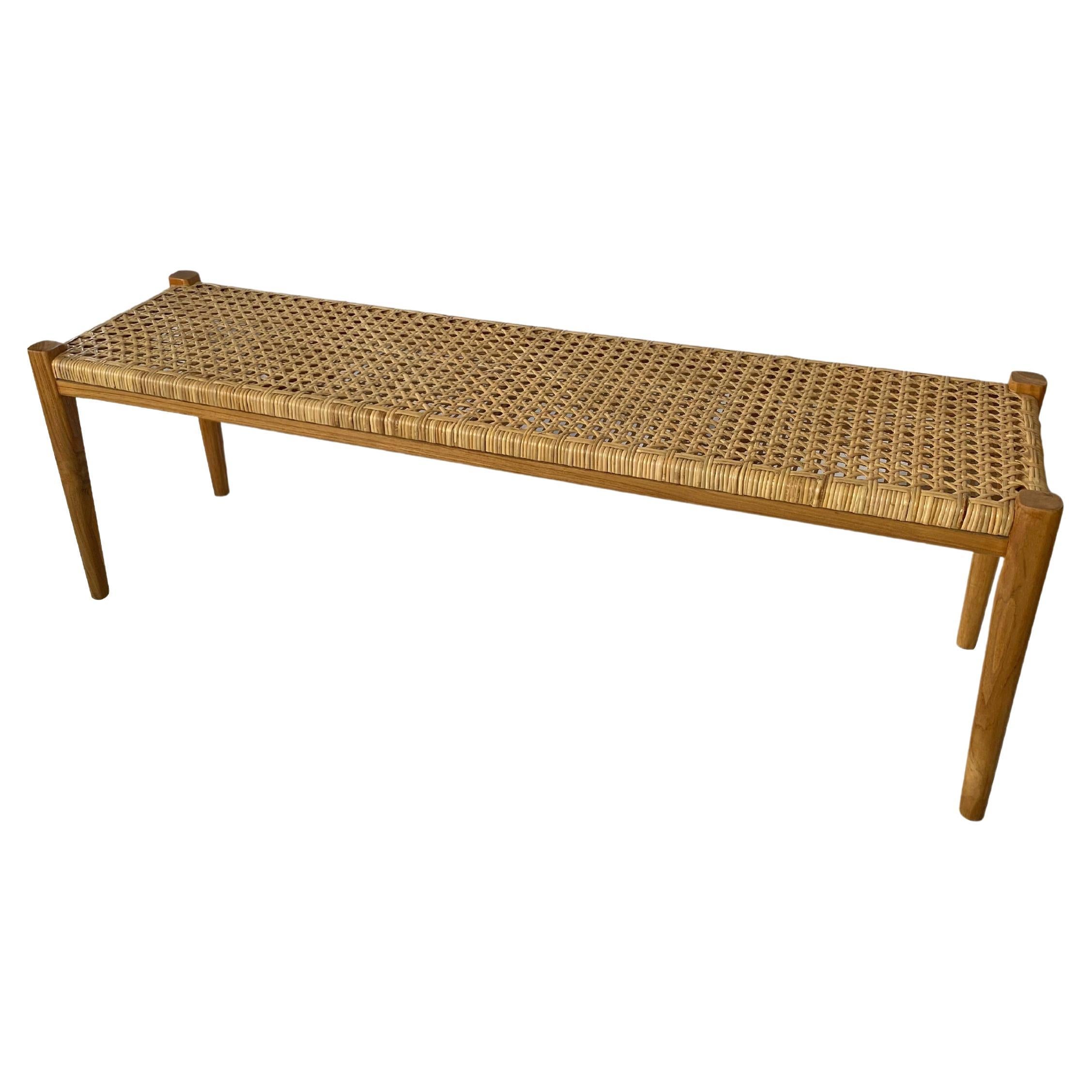 Teak Wood Framed Bench, with Woven Rattan Seat For Sale