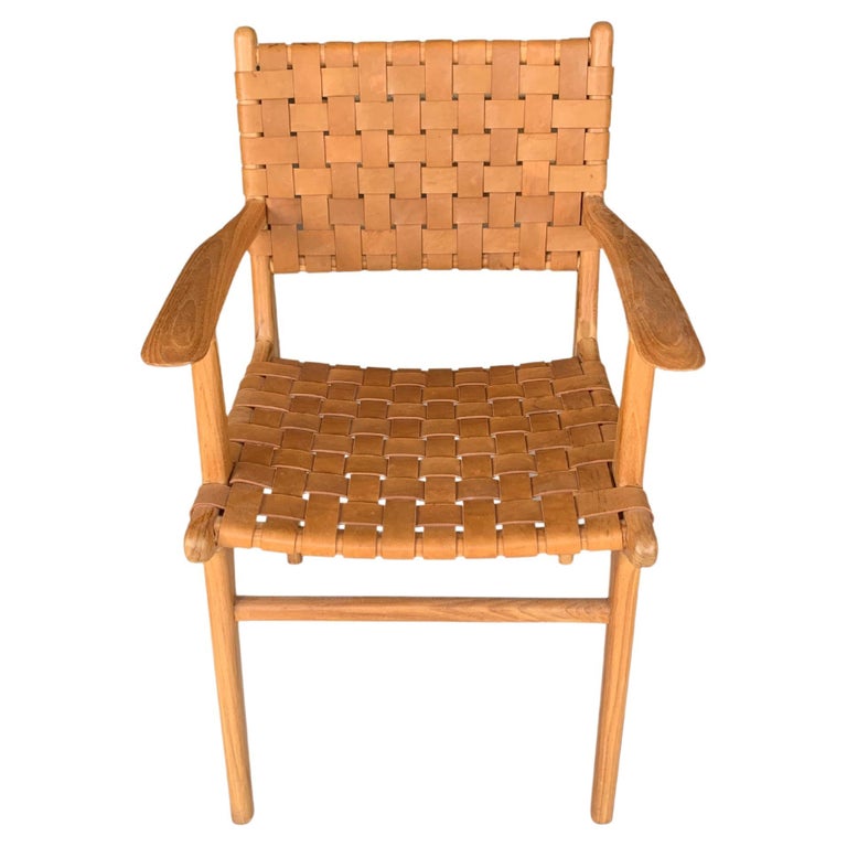 Teak Wood Framed Chair, with Woven Leather Seat For Sale at
