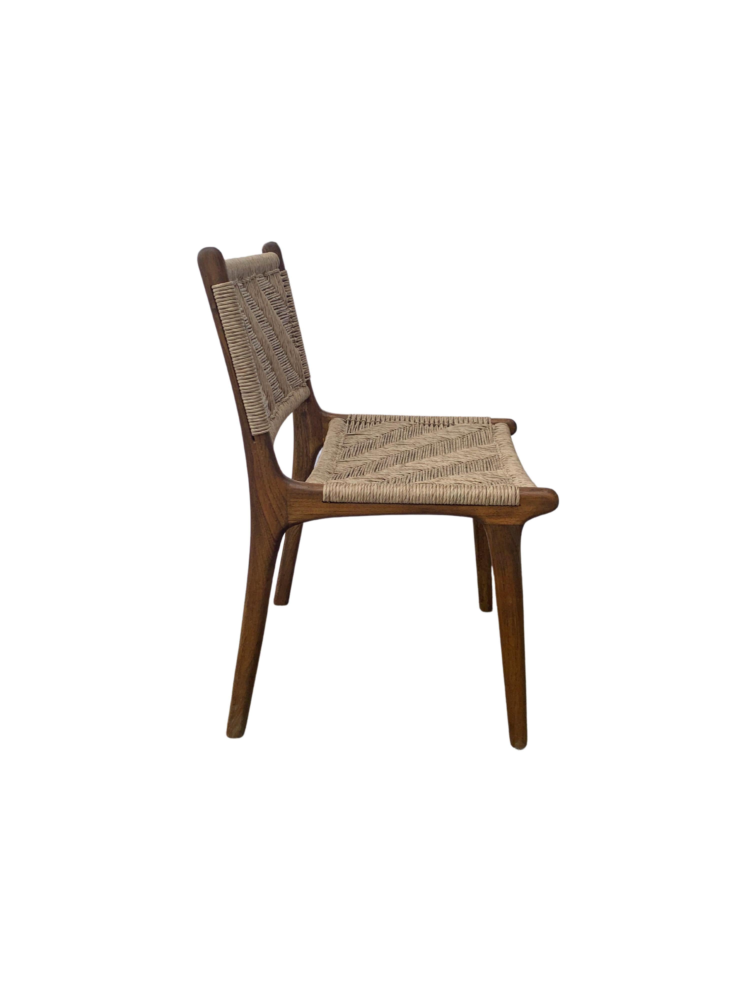 Modern Teak Wood Framed Chair with Woven Synthetic Rattan Seat, Dark Wood Finish