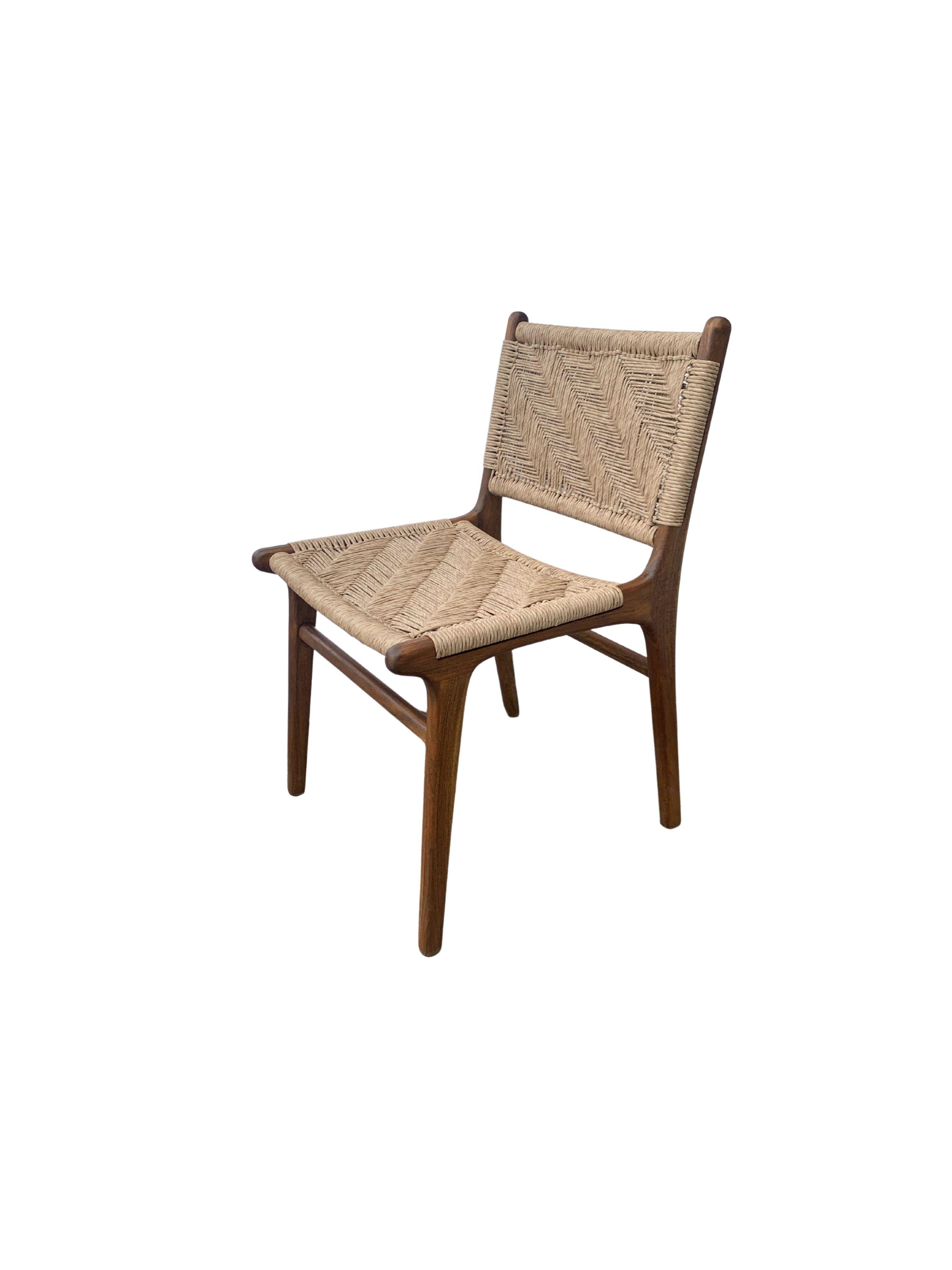 Indonesian Teak Wood Framed Chair with Woven Synthetic Rattan Seat, Dark Wood Finish