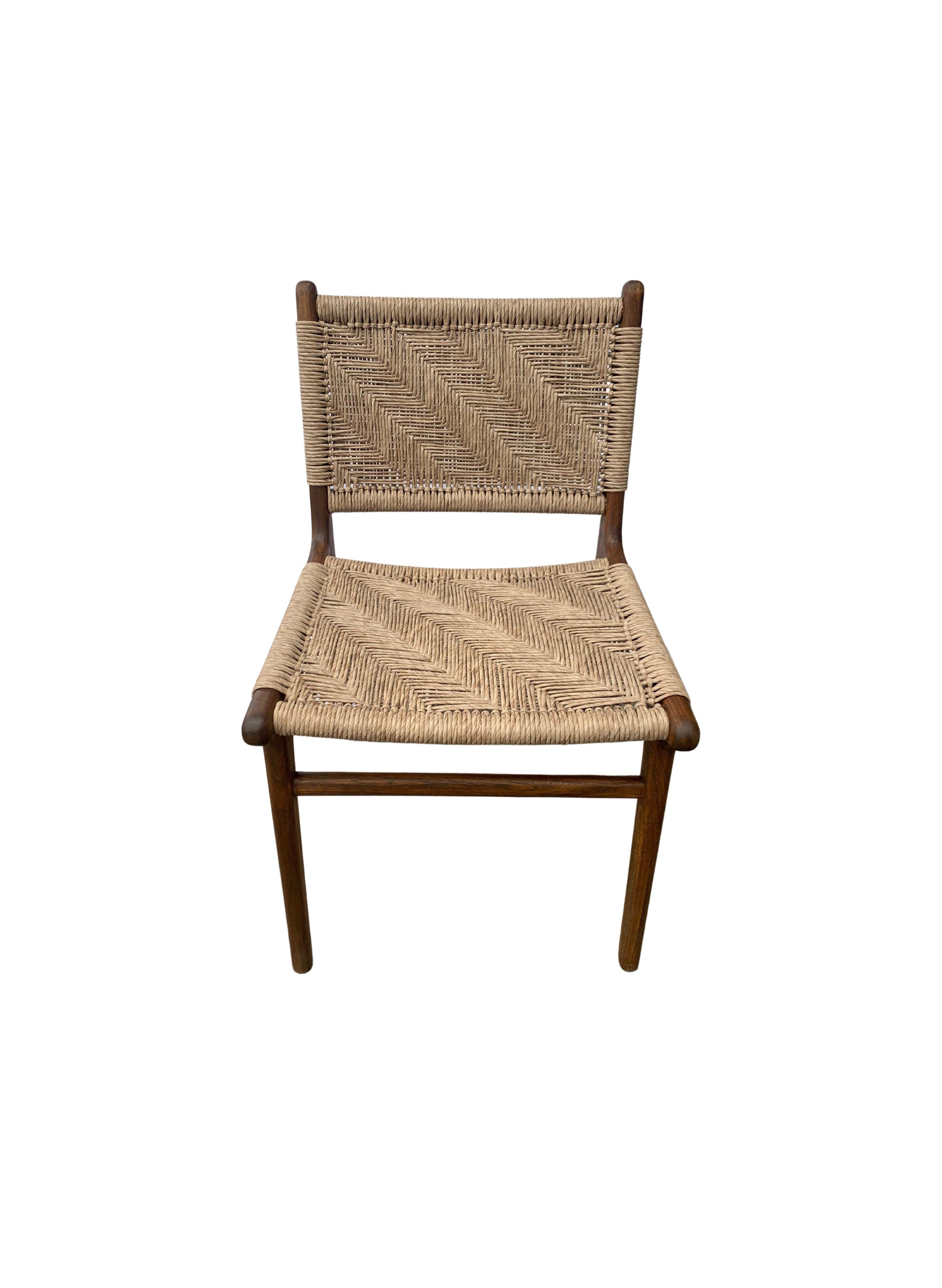 Hand-Crafted Teak Wood Framed Chair with Woven Synthetic Rattan Seat, Dark Wood Finish