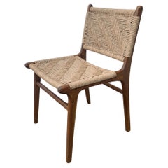 Teak Wood Framed Chair with Woven Synthetic Rattan Seat, Dark Wood Finish