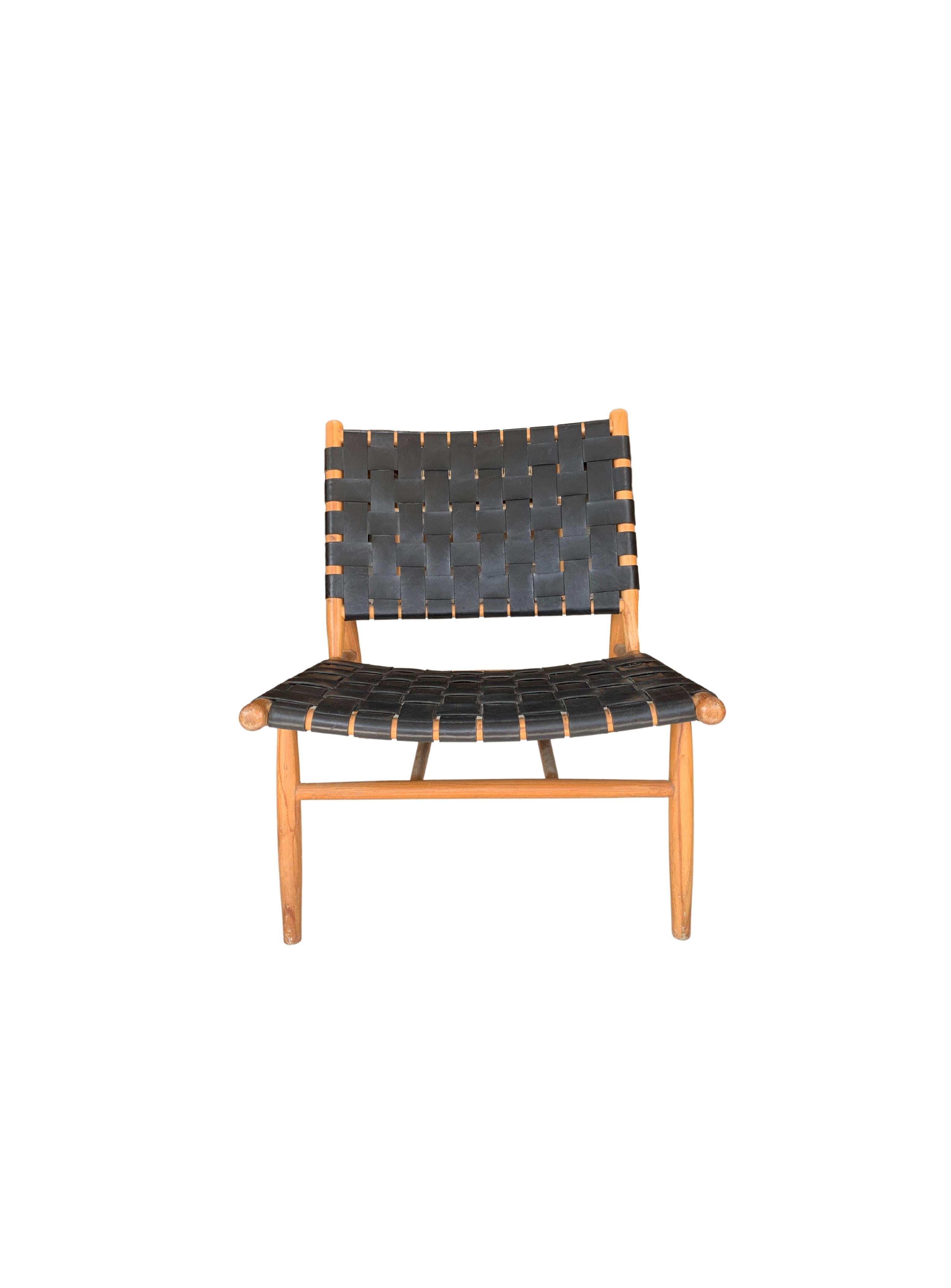 A hand-crafted teak framed & woven leather strap lounger chair. These chairs are crafted by local artisans using a wood joinery technique without the use of nails. They feature a subtle wood texture and are robust and sturdy.