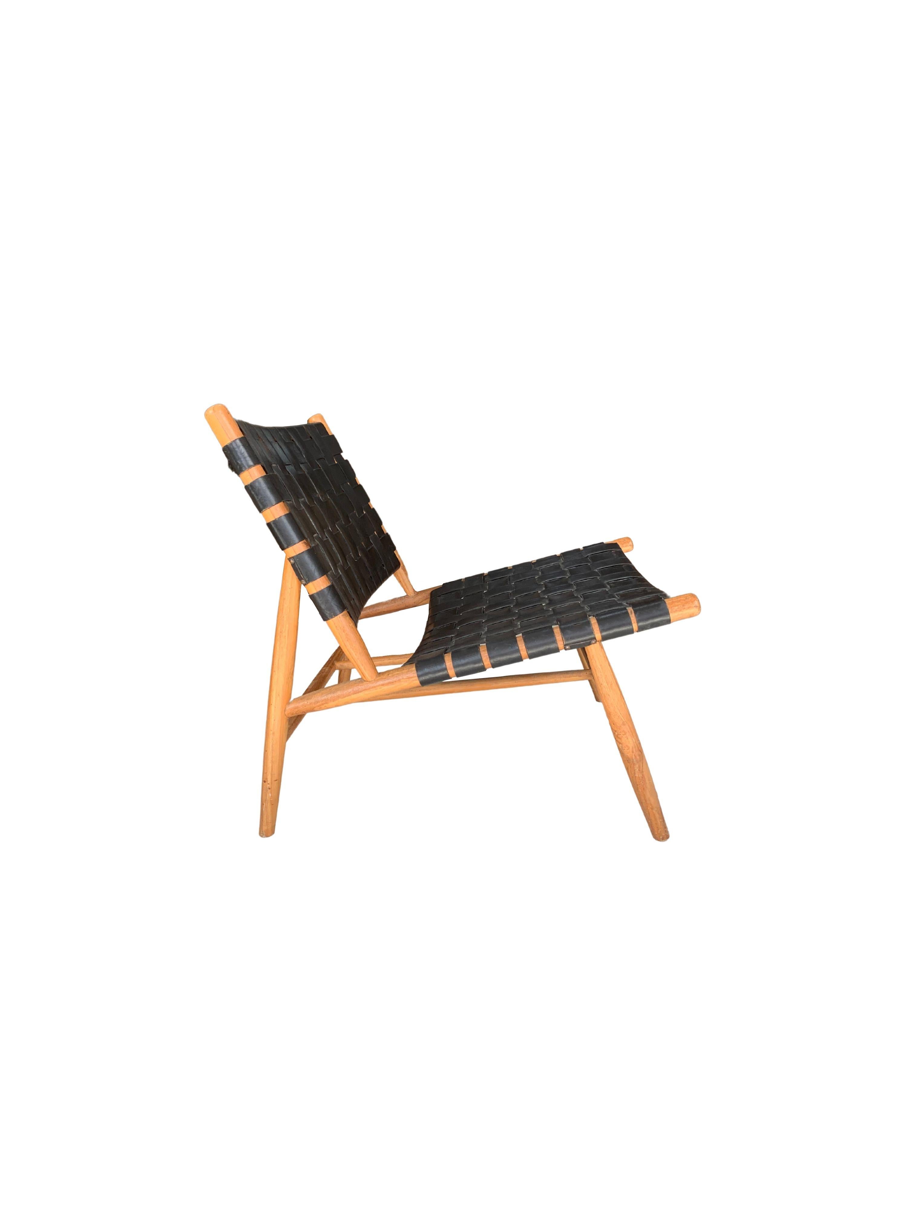 Modern Teak Wood Framed Lounge Chair, with Black Woven Leather Seat 