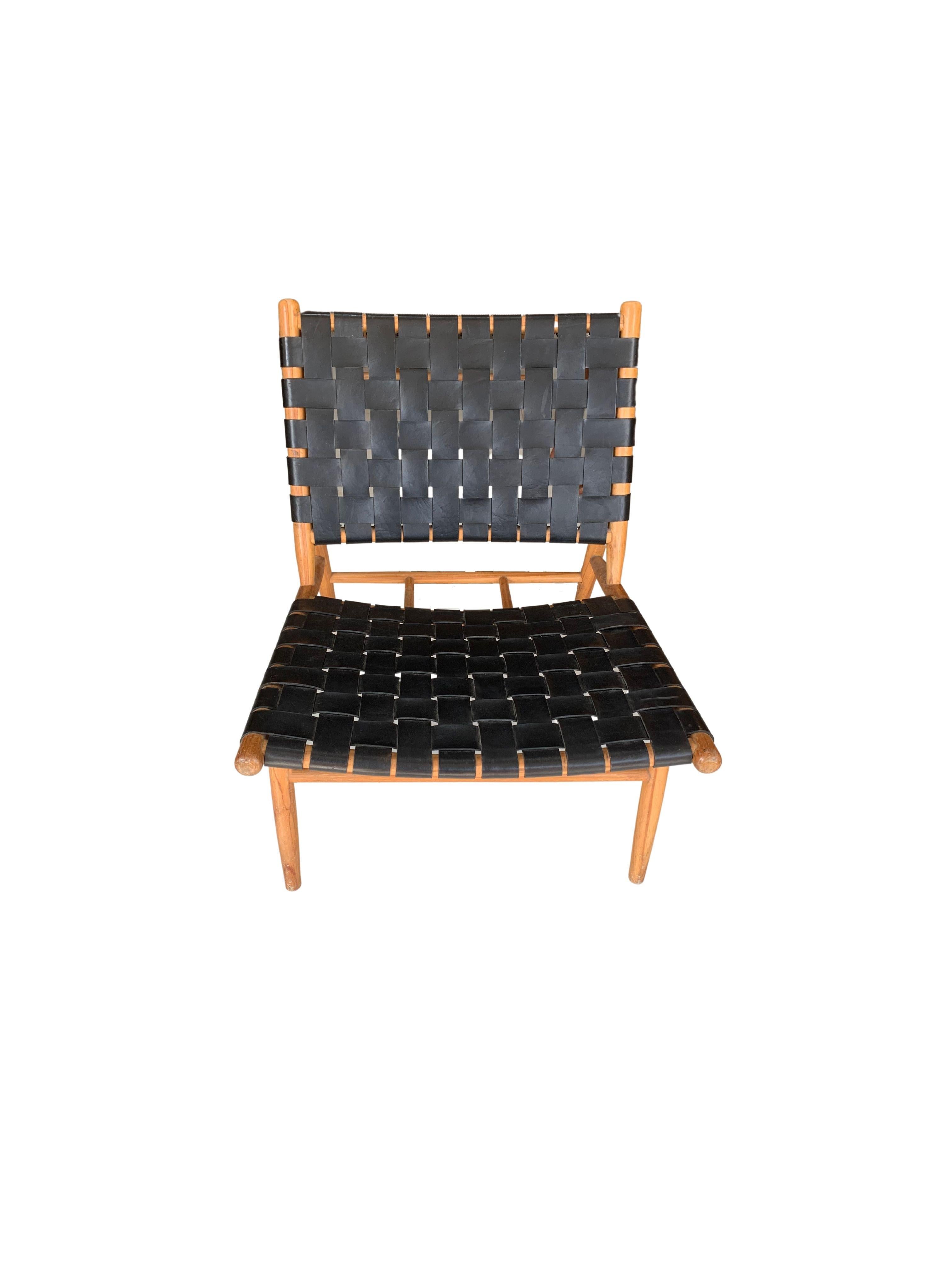 Indonesian Teak Wood Framed Lounge Chair, with Black Woven Leather Seat 