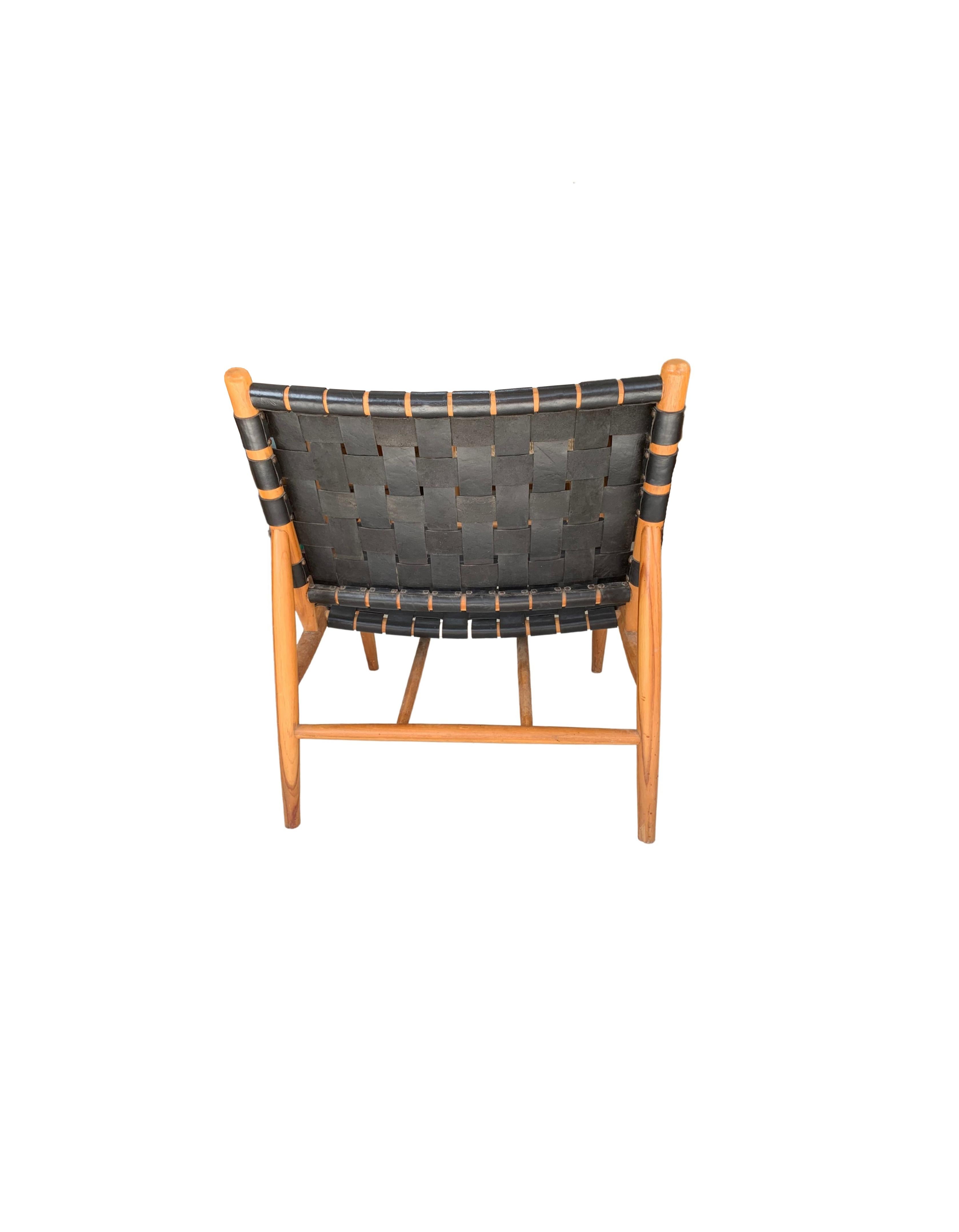 Hand-Crafted Teak Wood Framed Lounge Chair, with Black Woven Leather Seat 