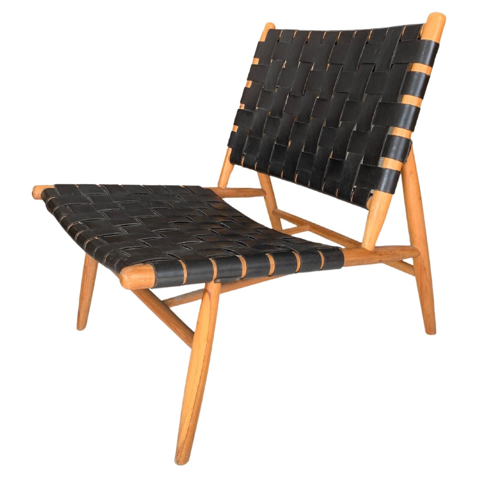 Teak Wood Framed Lounge Chair, with Black Woven Leather Seat 