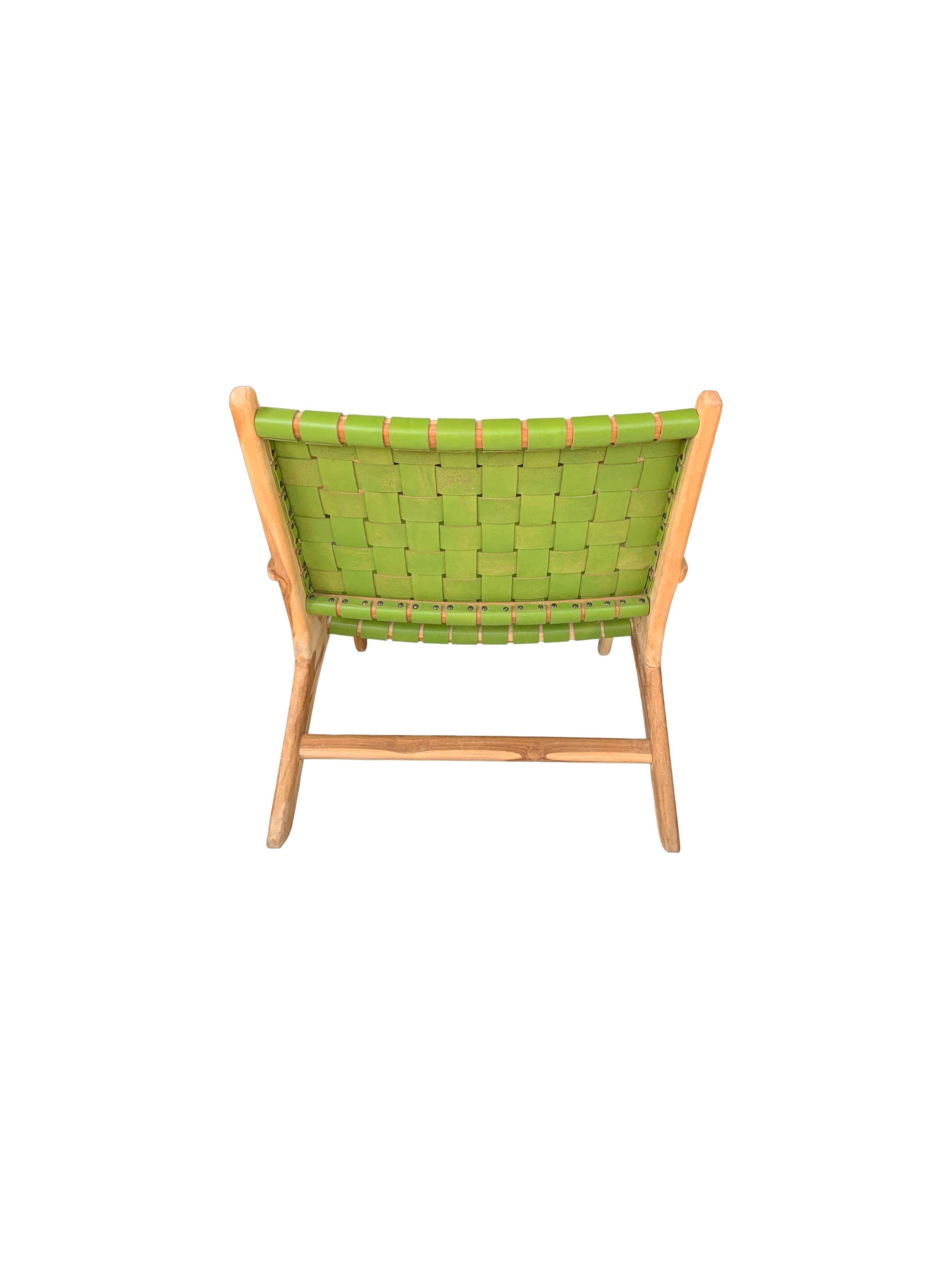 A hand-crafted teak framed & woven leather strap lounger chair. These chairs are crafted by local artisans using a wood joinery technique without the use of nails. They feature a subtle wood texture and are robust and sturdy.