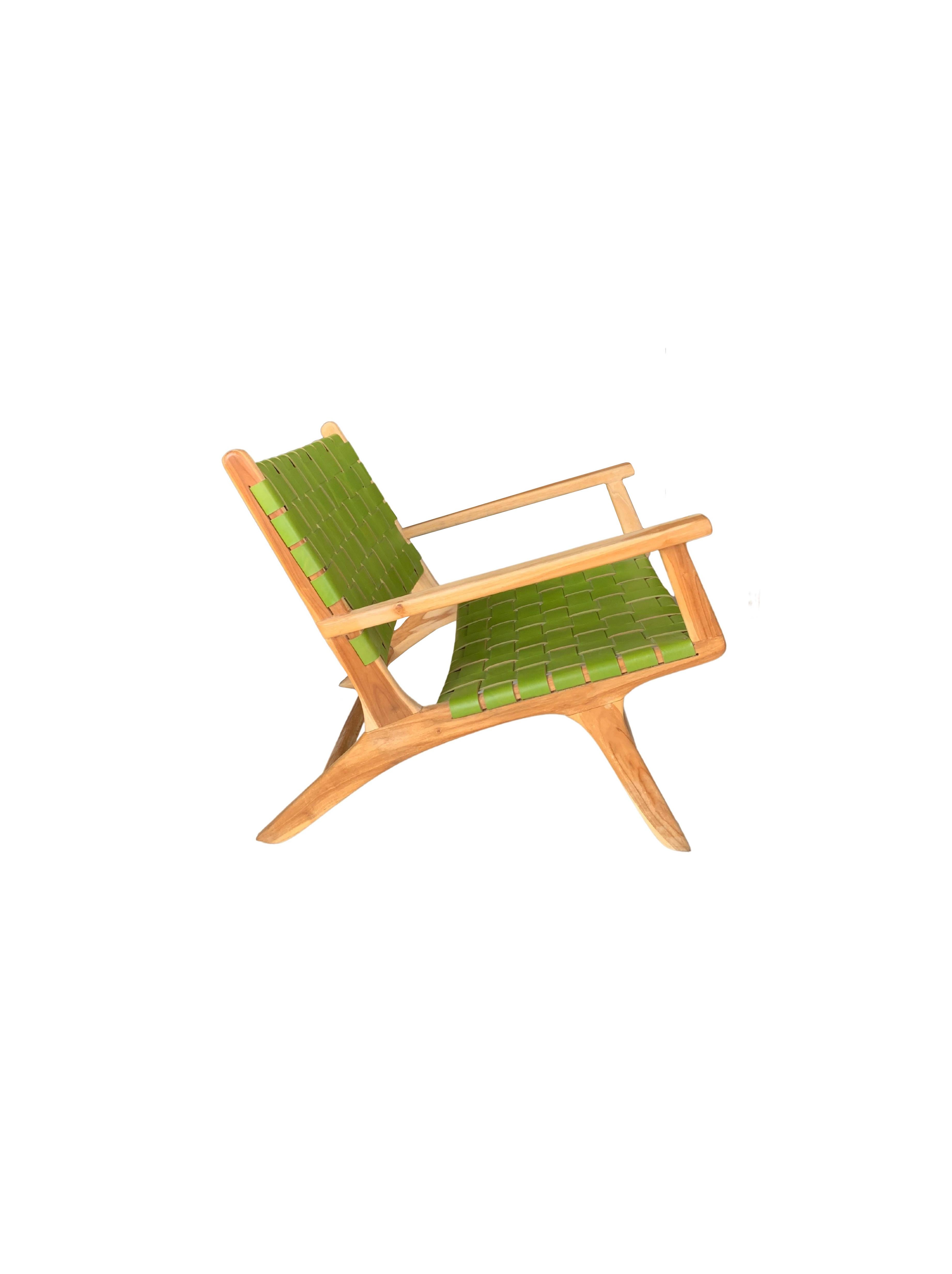 Modern Teak Wood Framed Lounge Chair, with Green Woven Leather Seat