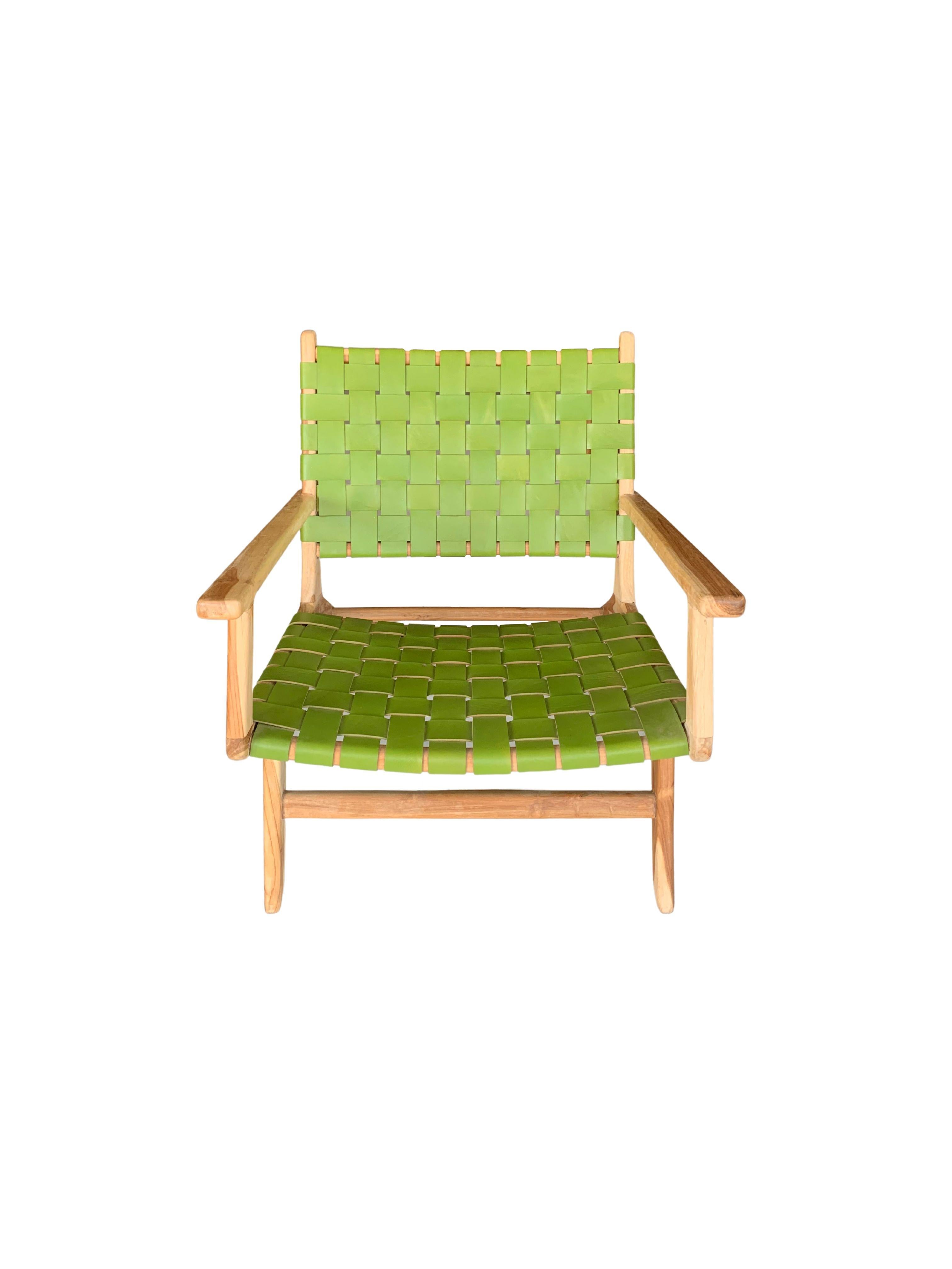 Indonesian Teak Wood Framed Lounge Chair, with Green Woven Leather Seat