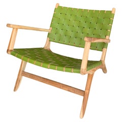 Teak Wood Framed Lounge Chair, with Green Woven Leather Seat