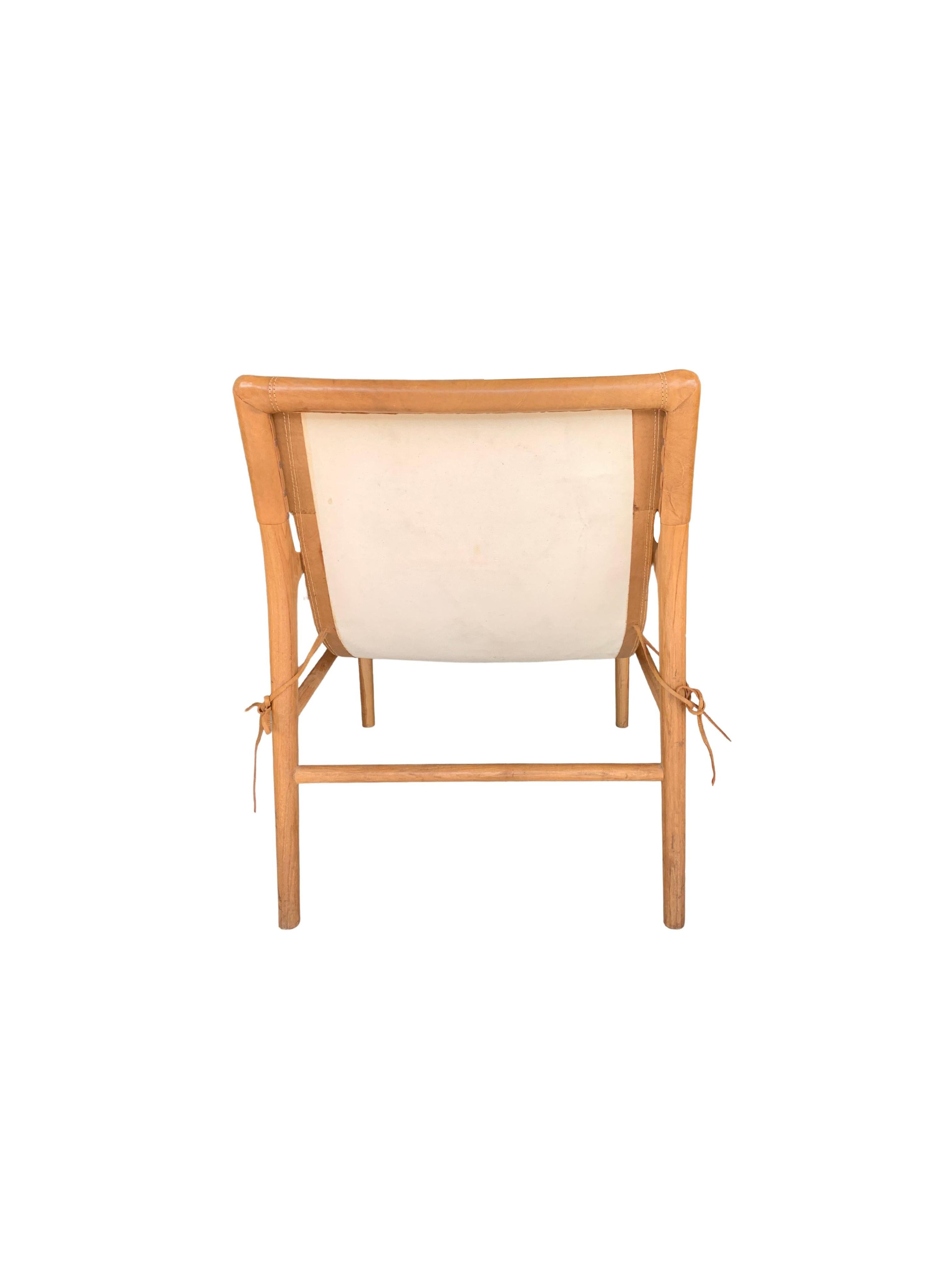Modern Teak Wood Framed Lounge Chair, with Hanging Leather Seat