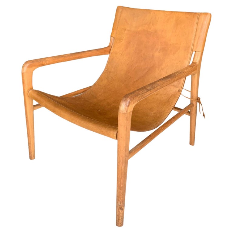 Teak Wood Framed Lounge Chair, with Hanging Leather Seat For Sale at