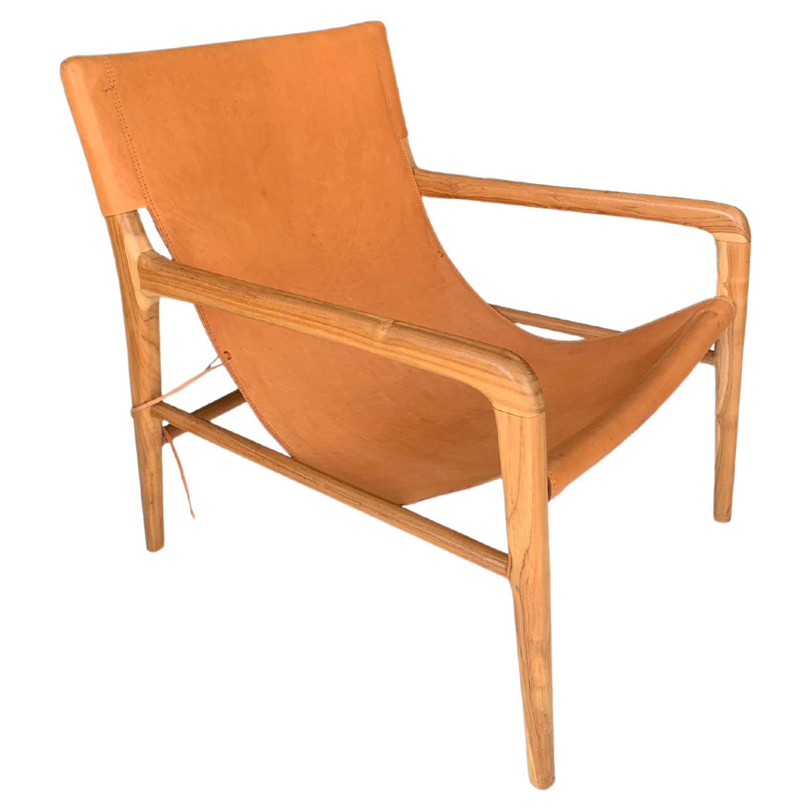 Teak Wood Framed Lounge Chair, with Hanging Leather Seat, Light Tone