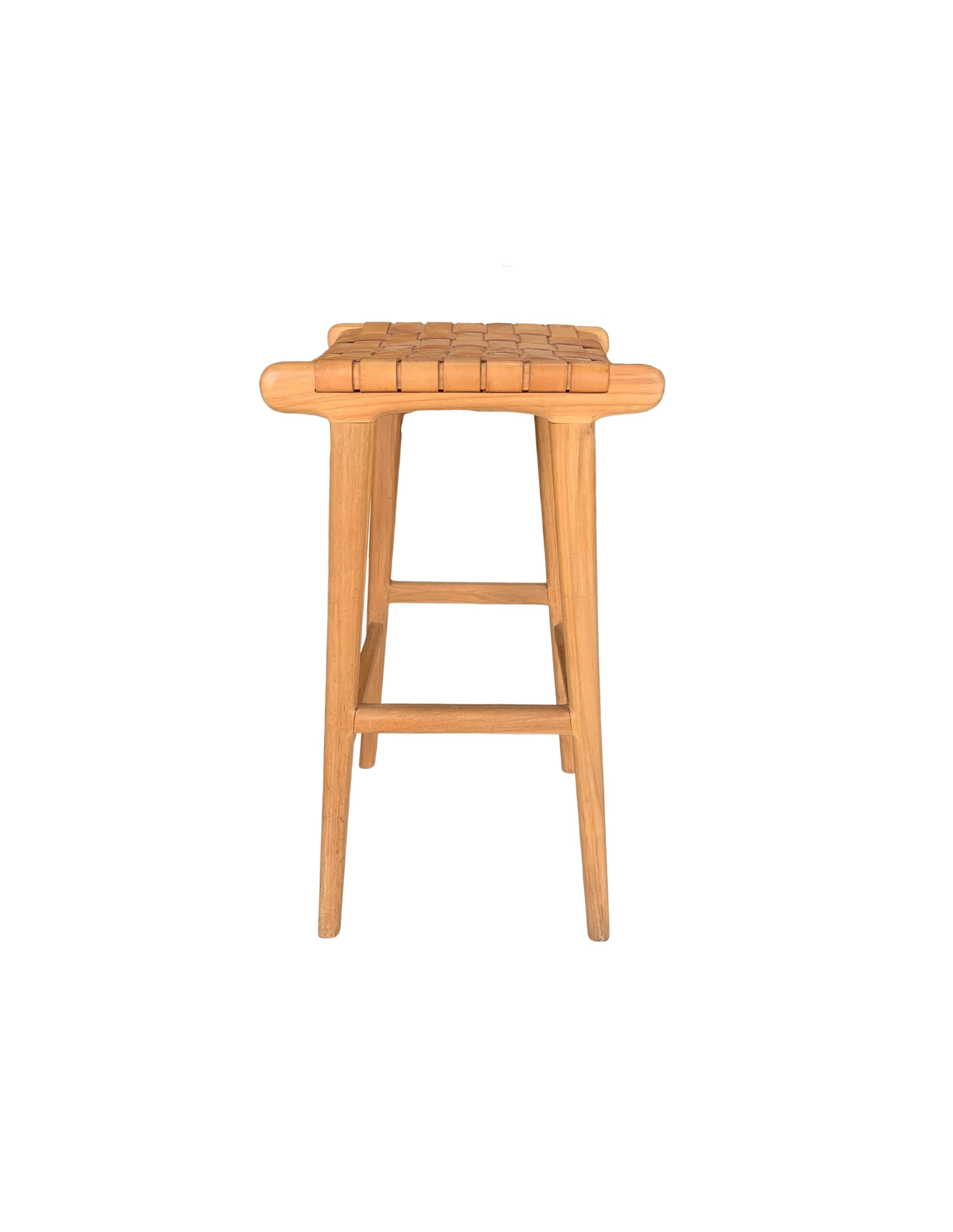 Modern Teak Wood Framed Stool with Woven Leather Seat