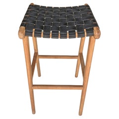 Teak Wood Framed Stool with Woven Leather Seat