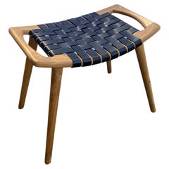 Teak Wood Framed Stool with Woven Leather Seat