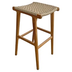 Teak Wood Framed Stool with Woven Synthetic Rattan Seat