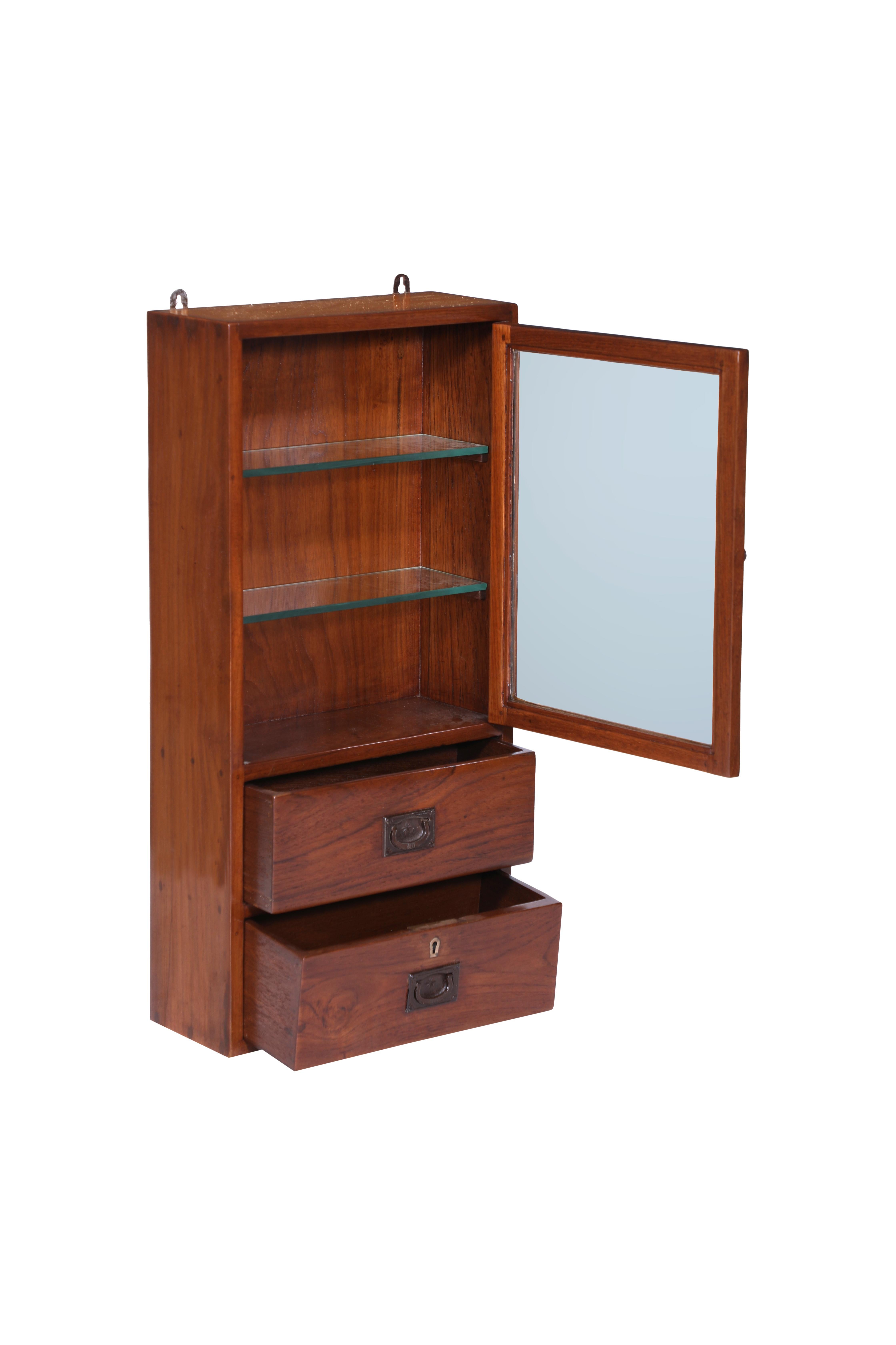 British Colonial Teak Wood Glass-Front Wall Cabinet with Shelves and Drawers For Sale