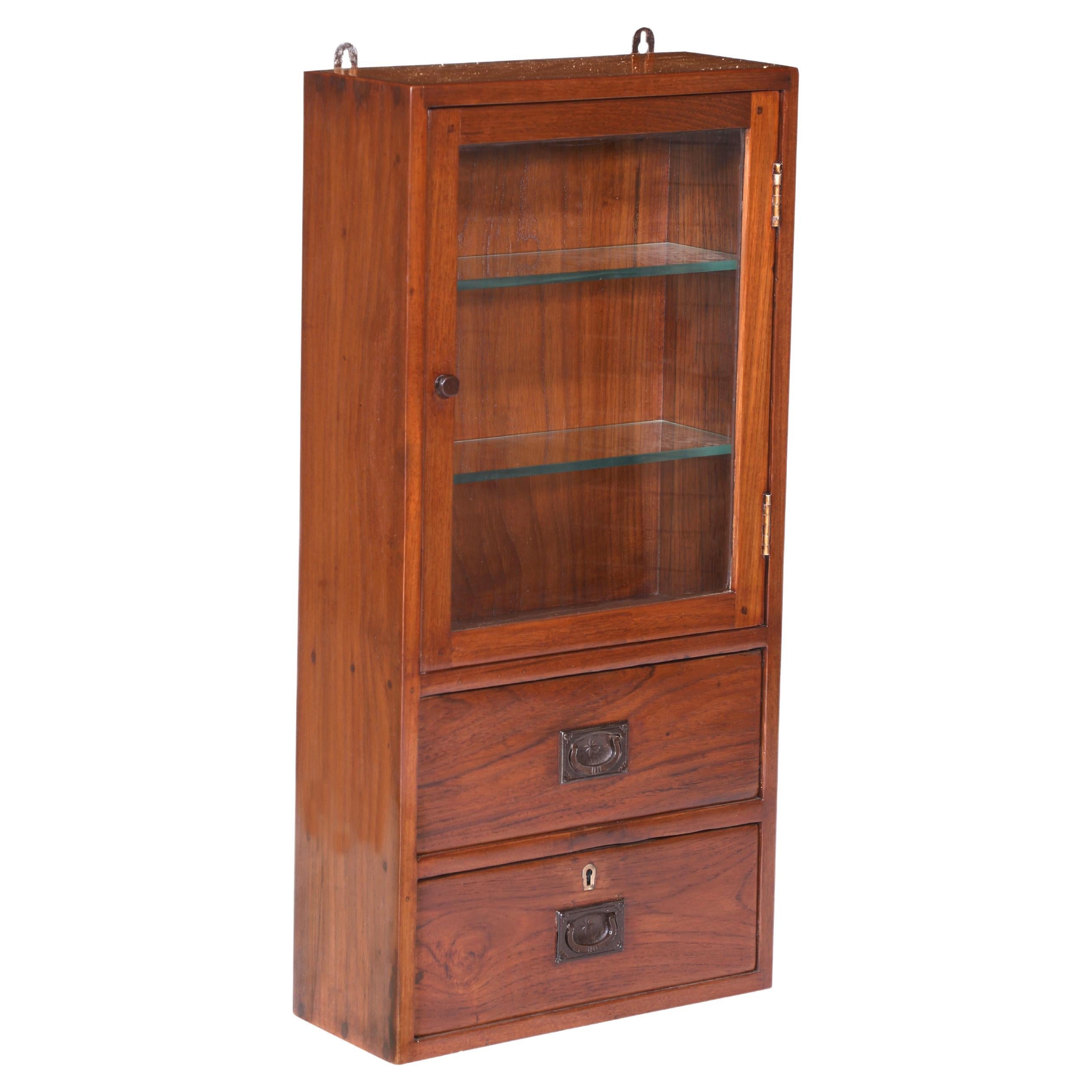 Teak Wood Glass-Front Wall Cabinet with Shelves and Drawers For Sale