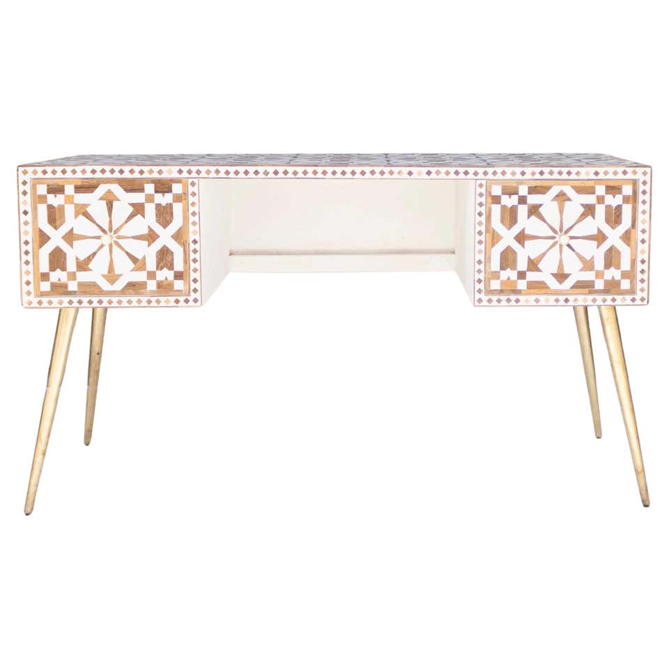 Floral Motif Navy Blue Inlay Desk, Handcrafted by Artisanal For Sale at ...