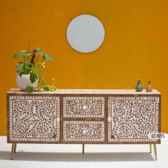 Teak Wood Inlay Media Console with Floral Leaf Pattern by House of Jaipur