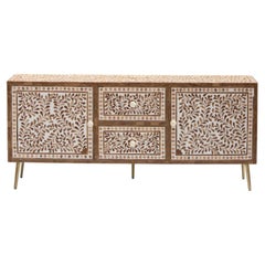 Teak Wood Inlay Media Console with Floral Leaf Pattern by House of Jaipur
