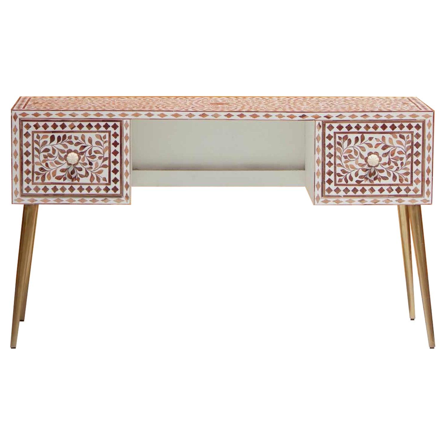 Teak Wood Inlay Work Desk – Floral Vine Pattern by House of Jaipur