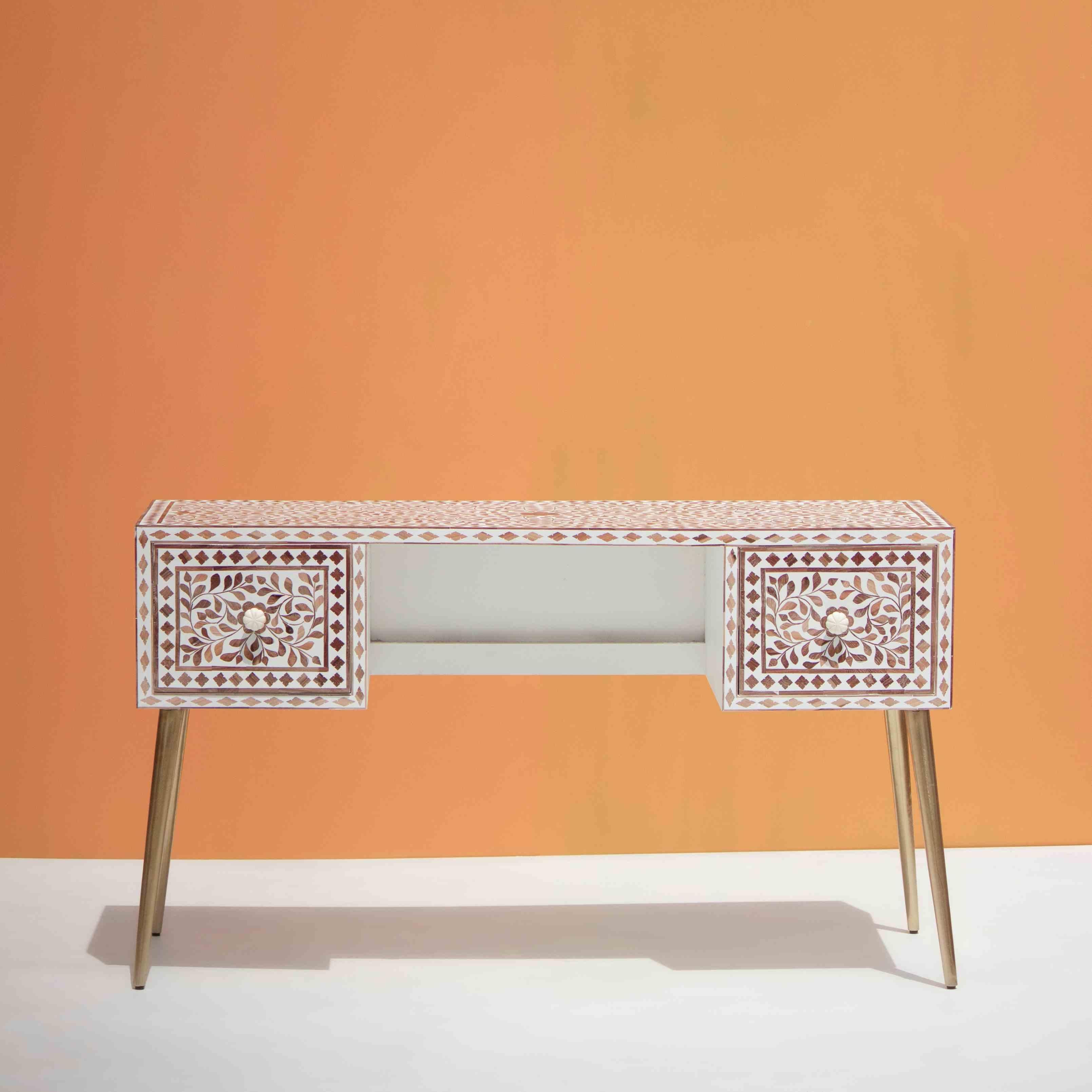 Indian Teak Wood Inlay Work Desk For Sale