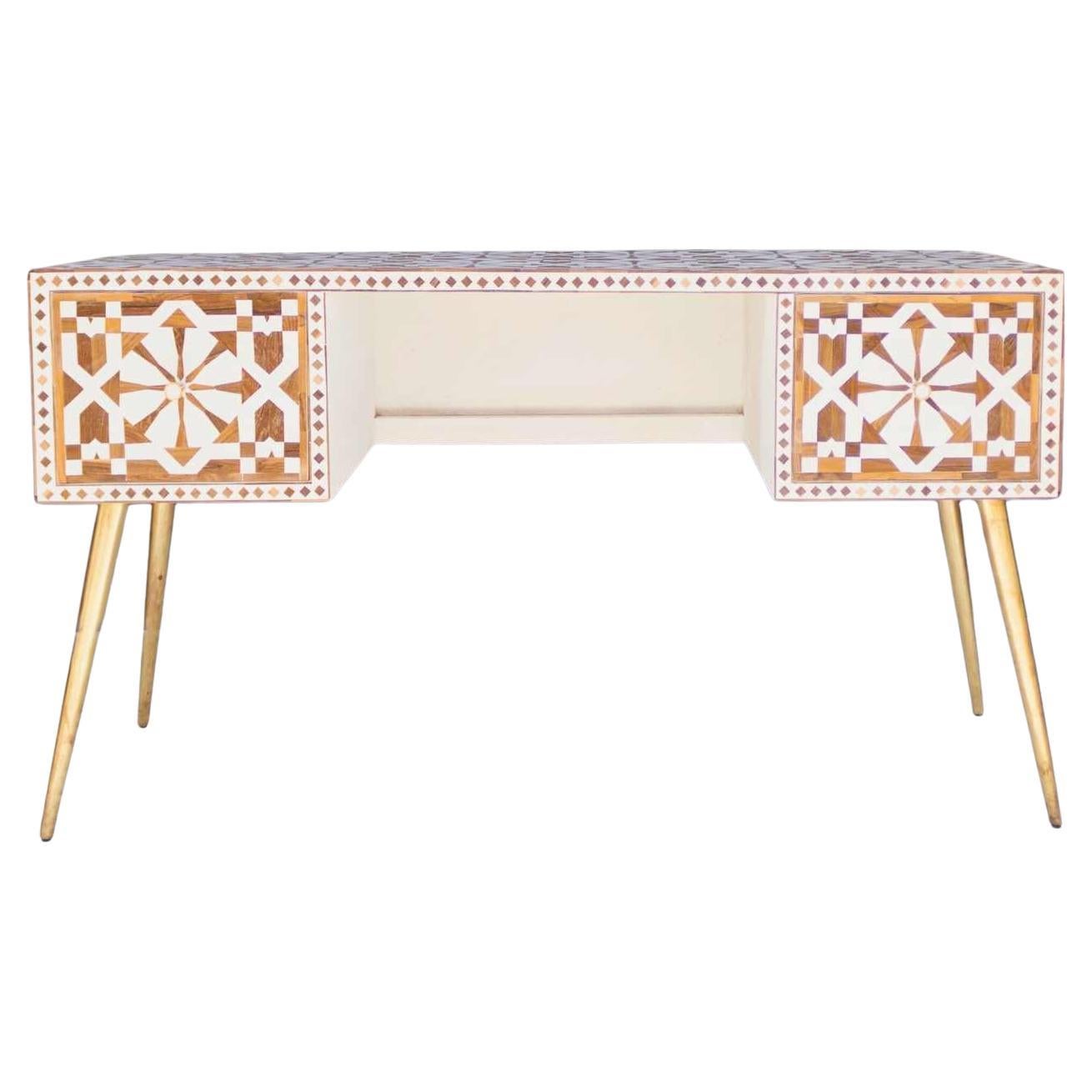 Teak Wood Inlay Work Desk - Moroccan Star Pattern by House of Jaipur