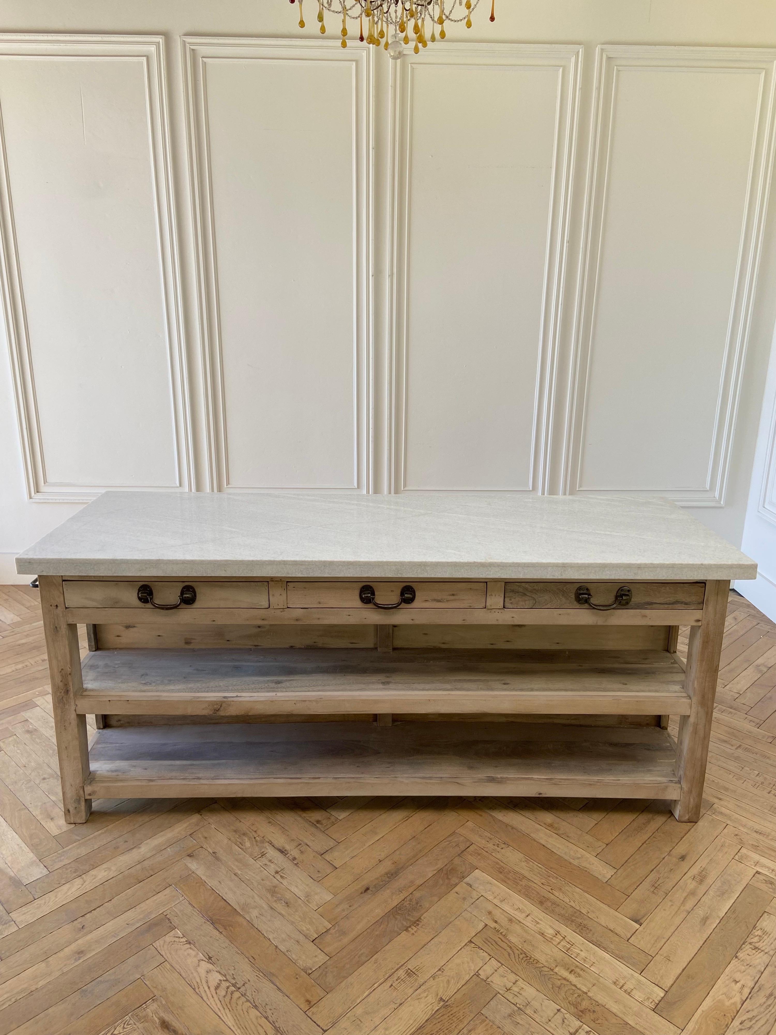 Teak Wood Kitchen Island With Gray and White Marble Top 4