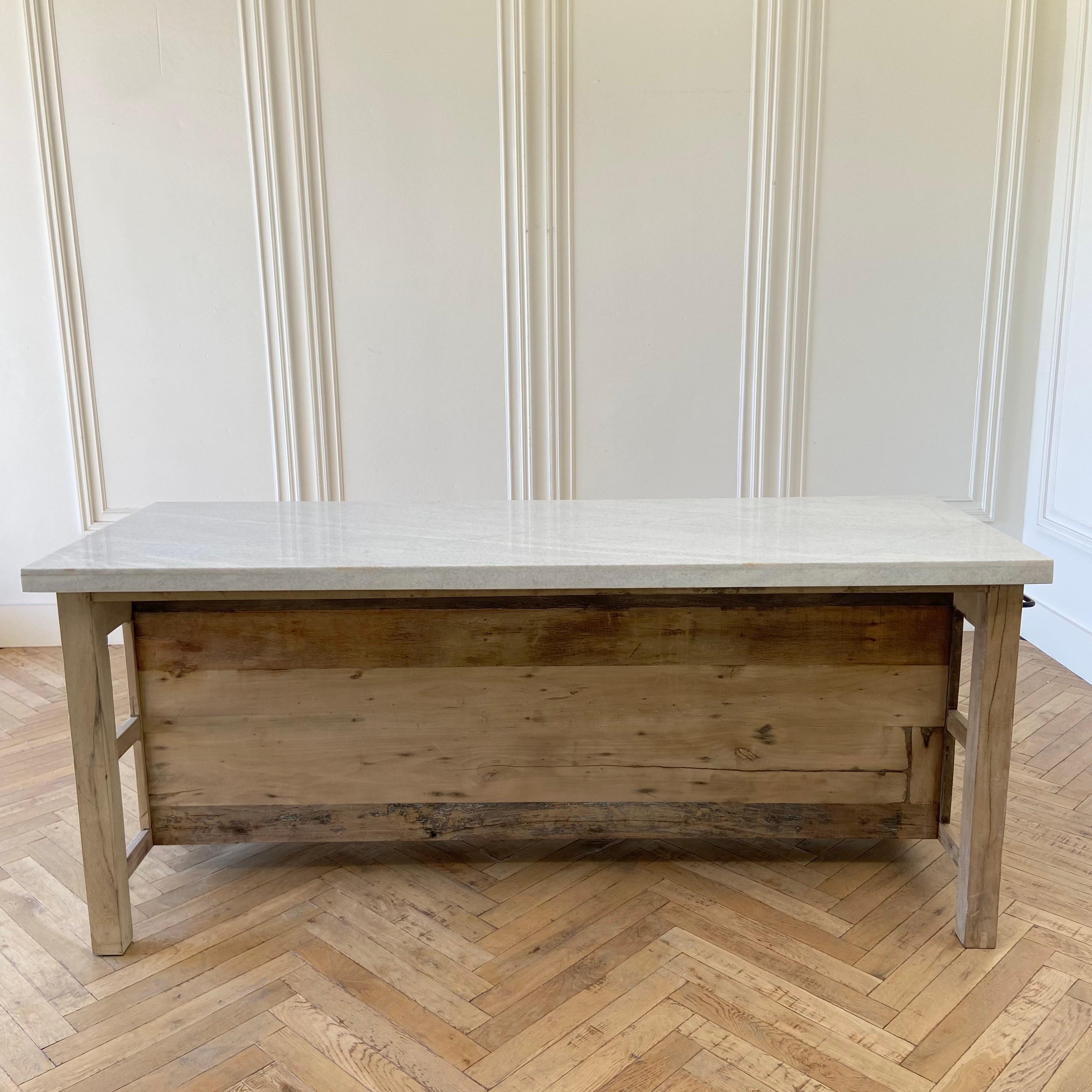 Teak Wood Kitchen Island With Gray and White Marble Top In New Condition In Brea, CA