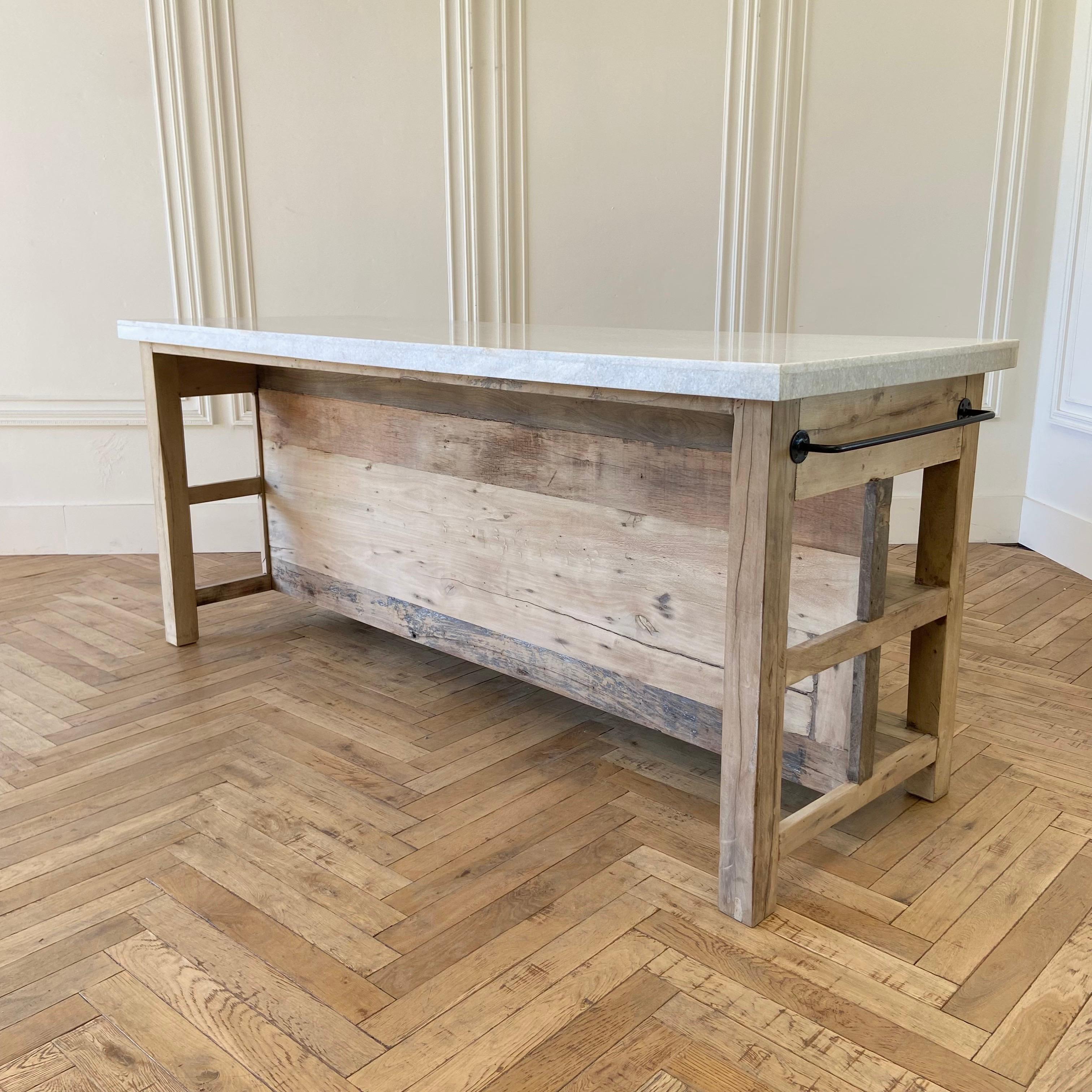 Teak Wood Kitchen Island With Gray and White Marble Top at 1stDibs