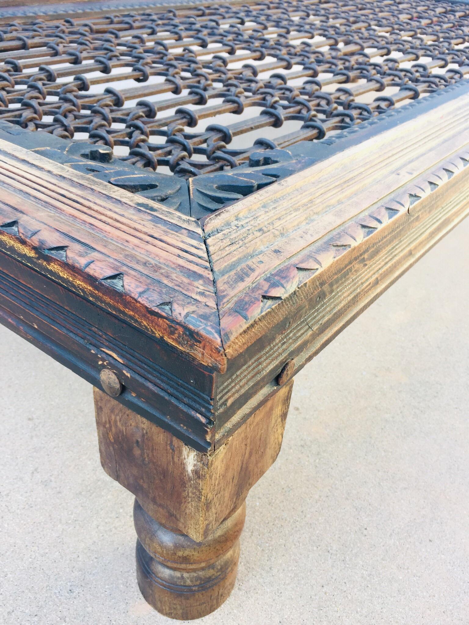 Teak Wood Large Coffee Table with Iron Inset Jali Work 4