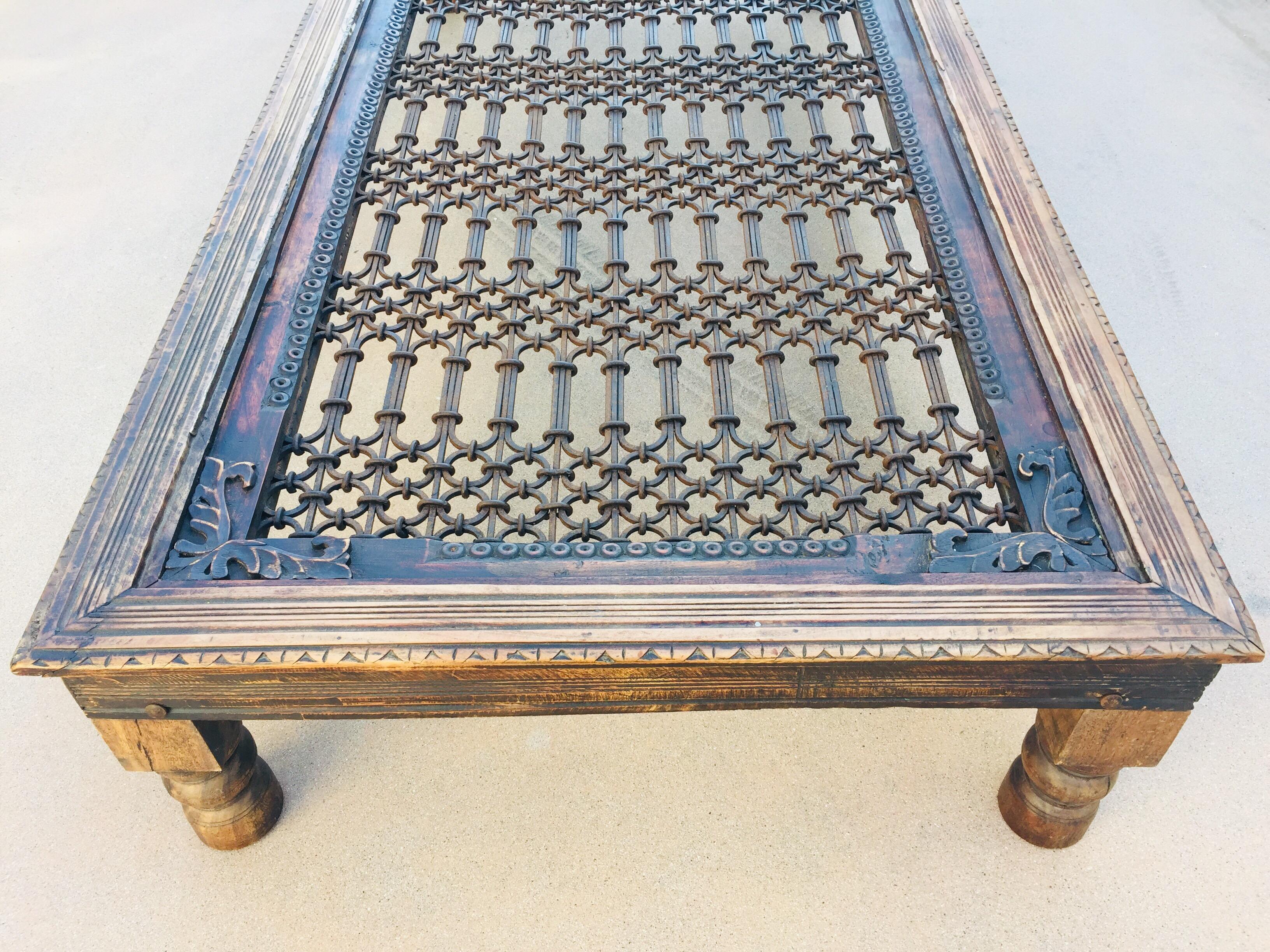 Folk Art Teak Wood Large Coffee Table with Iron Inset Jali Work