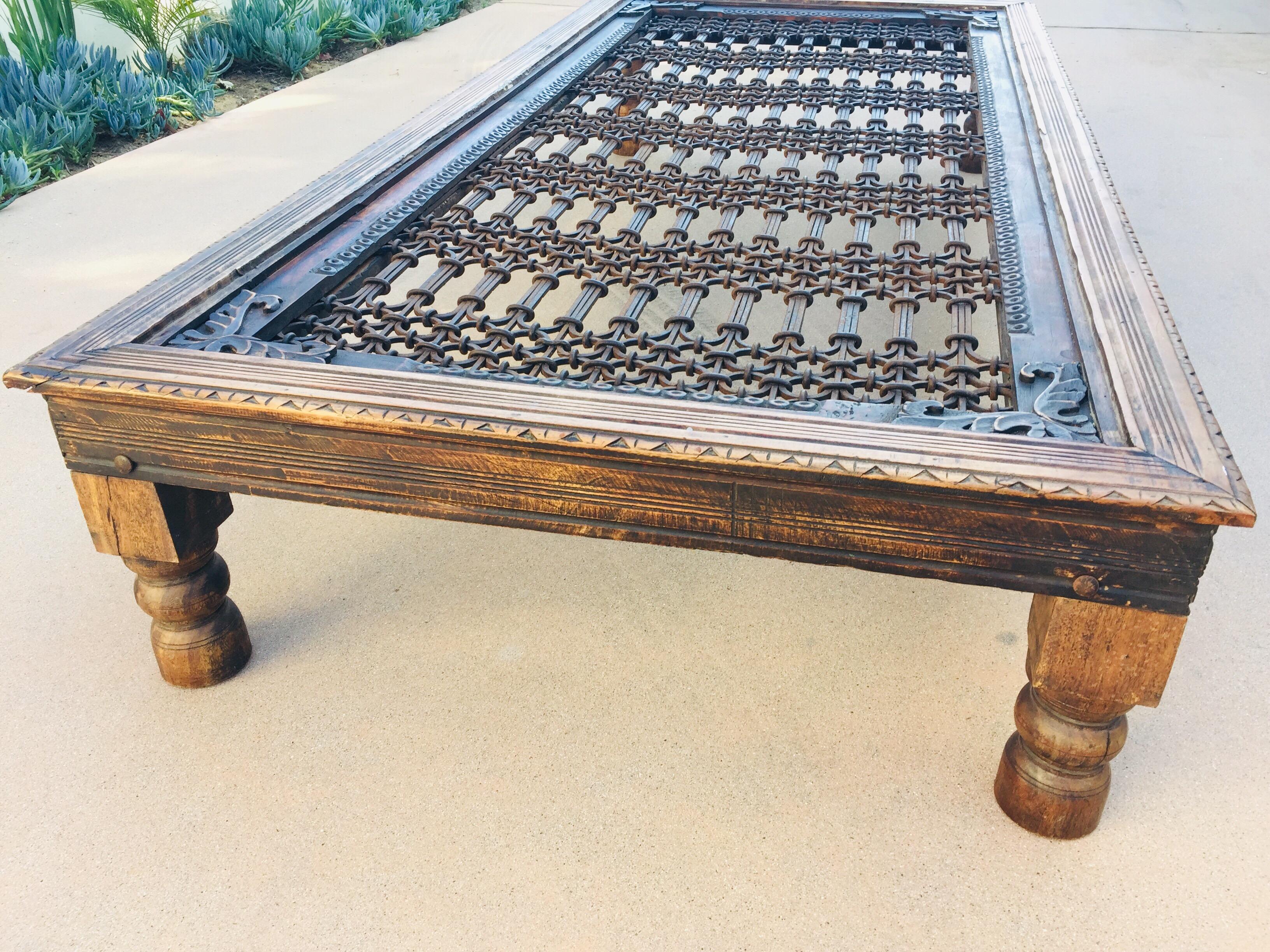 Indian Teak Wood Large Coffee Table with Iron Inset Jali Work