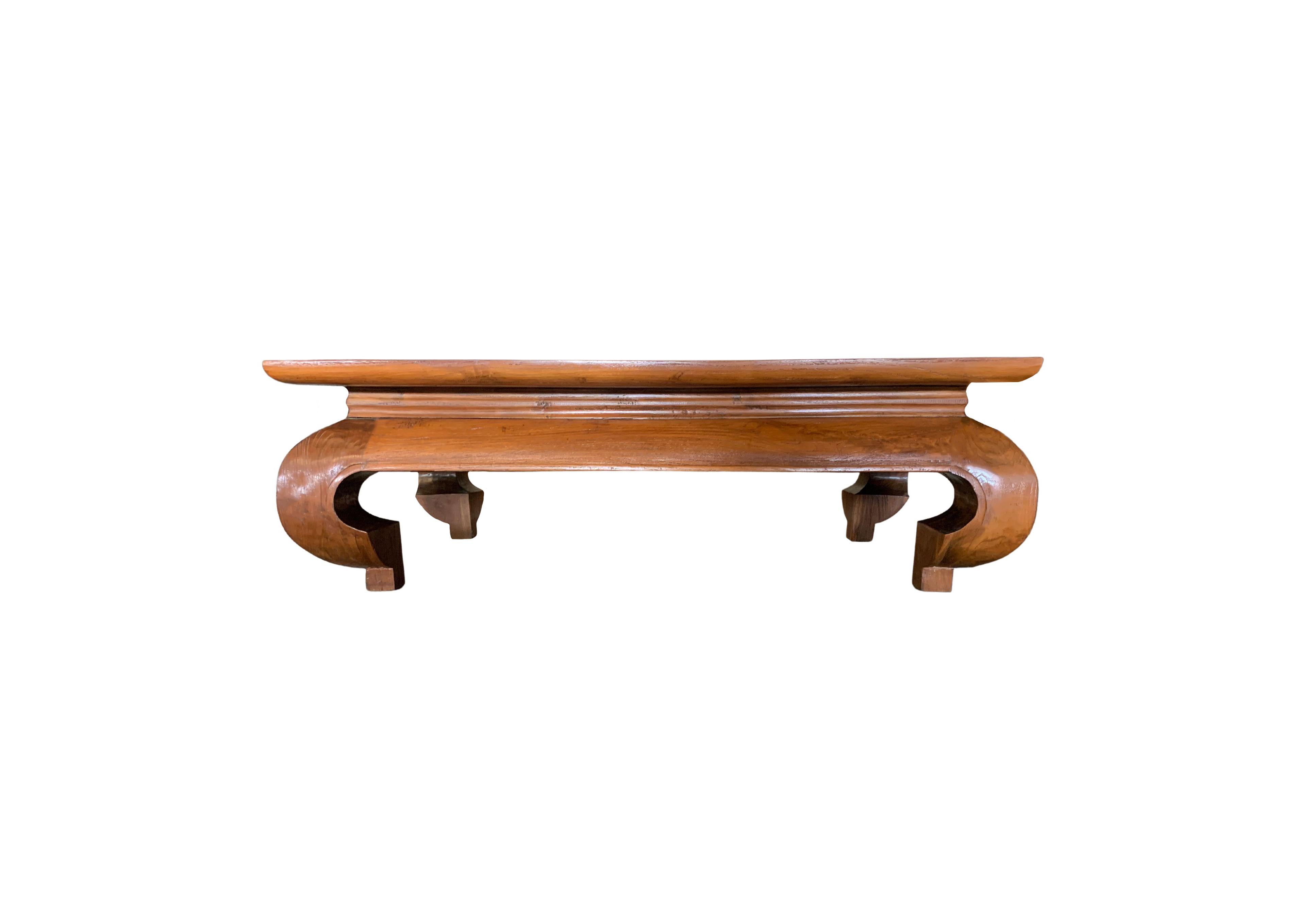 Modern Teak Wood Low Table with Curved Legs and Subtle Carved Detailing