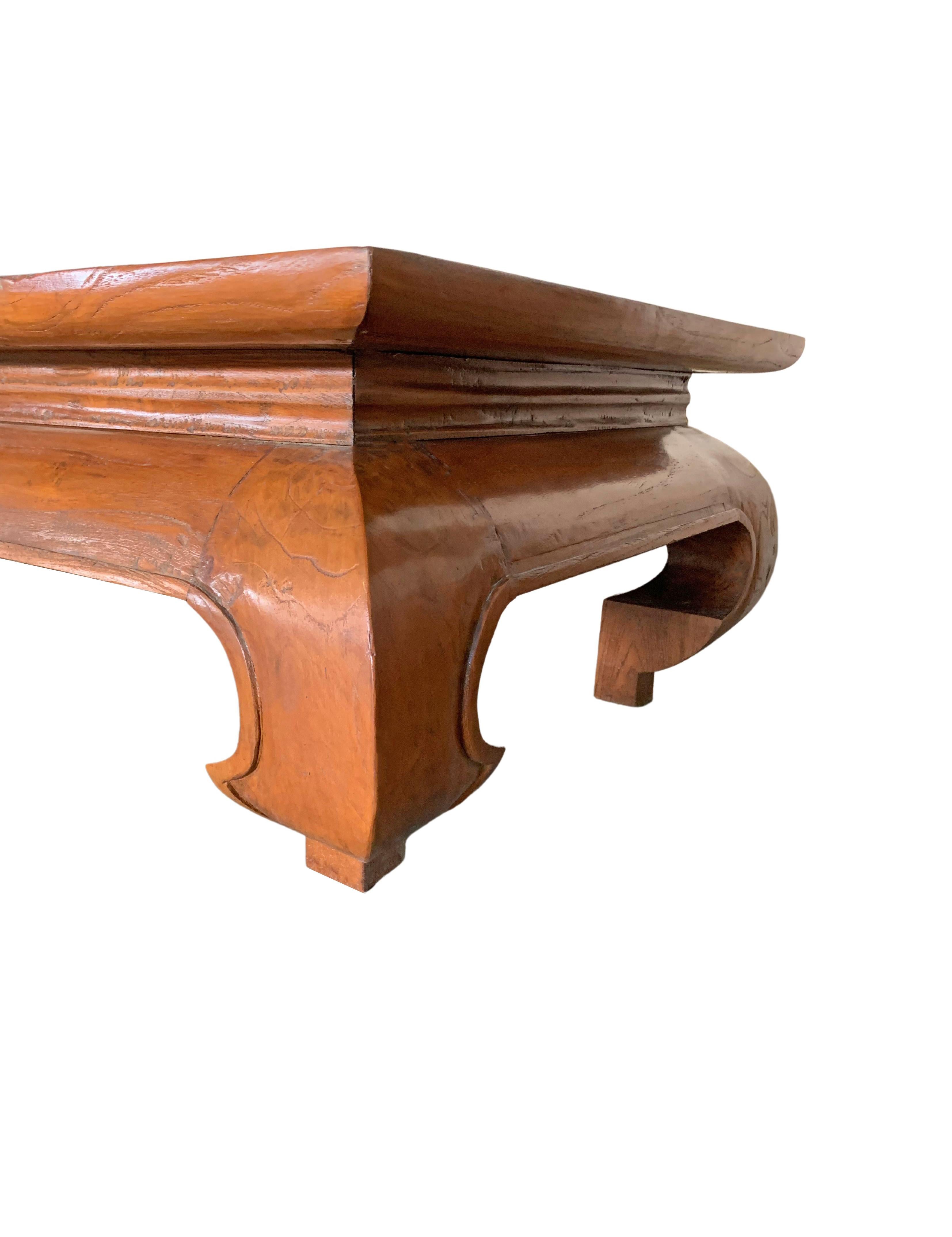 Indonesian Teak Wood Low Table with Curved Legs and Subtle Carved Detailing