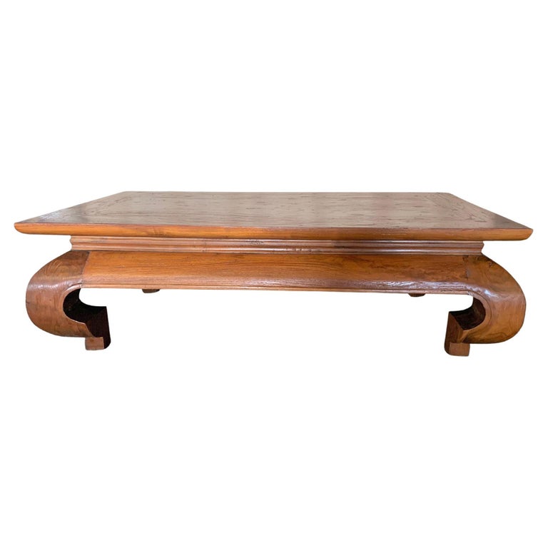 Teak Wood Low Table with Curved Legs and Subtle Carved Detailing For