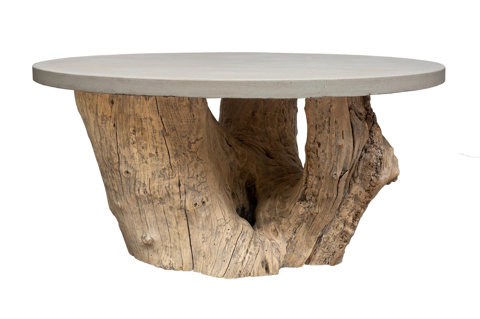 Organic Modern Teak Wood Organic Form Base with Cast Cement Top Dining Table For Sale