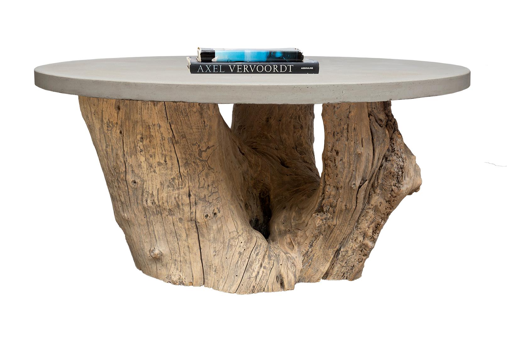 Teak Wood Organic Form Base with Cast Cement Top Dining Table In Good Condition For Sale In Dallas, TX